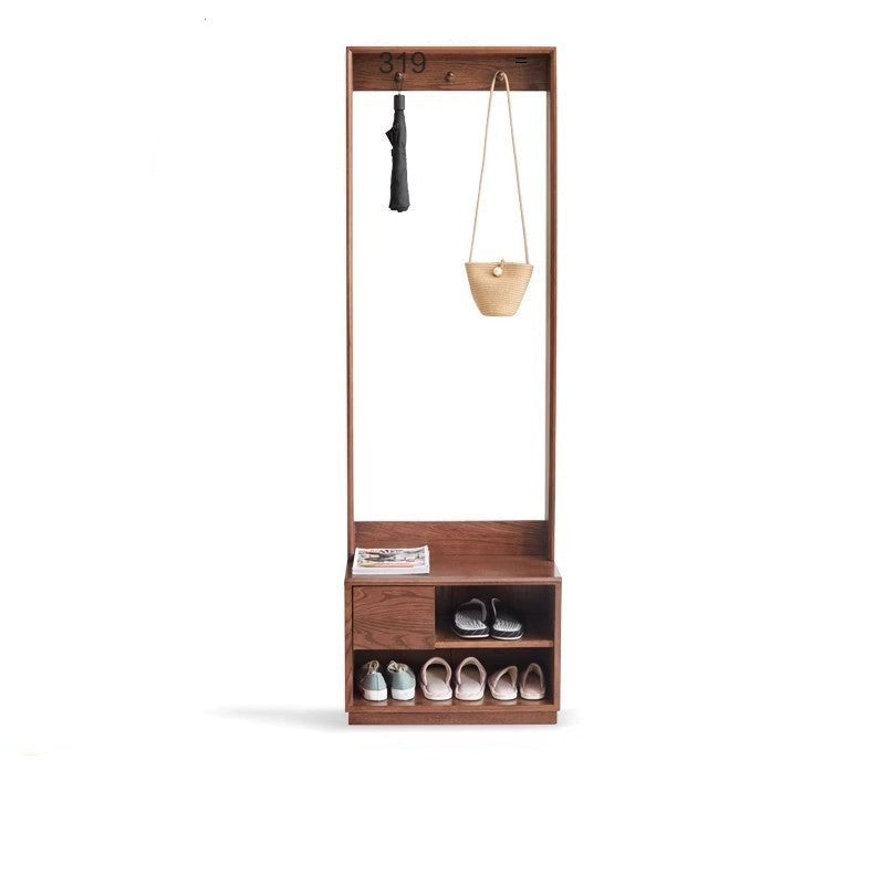 Solid Oak Wood Shoe Stool with Hanger - Space Saving Entryway Storage Cabinet for Shoes, Hats & Coats - Perfect for Small Apartments, Mudrooms & Closet Organization