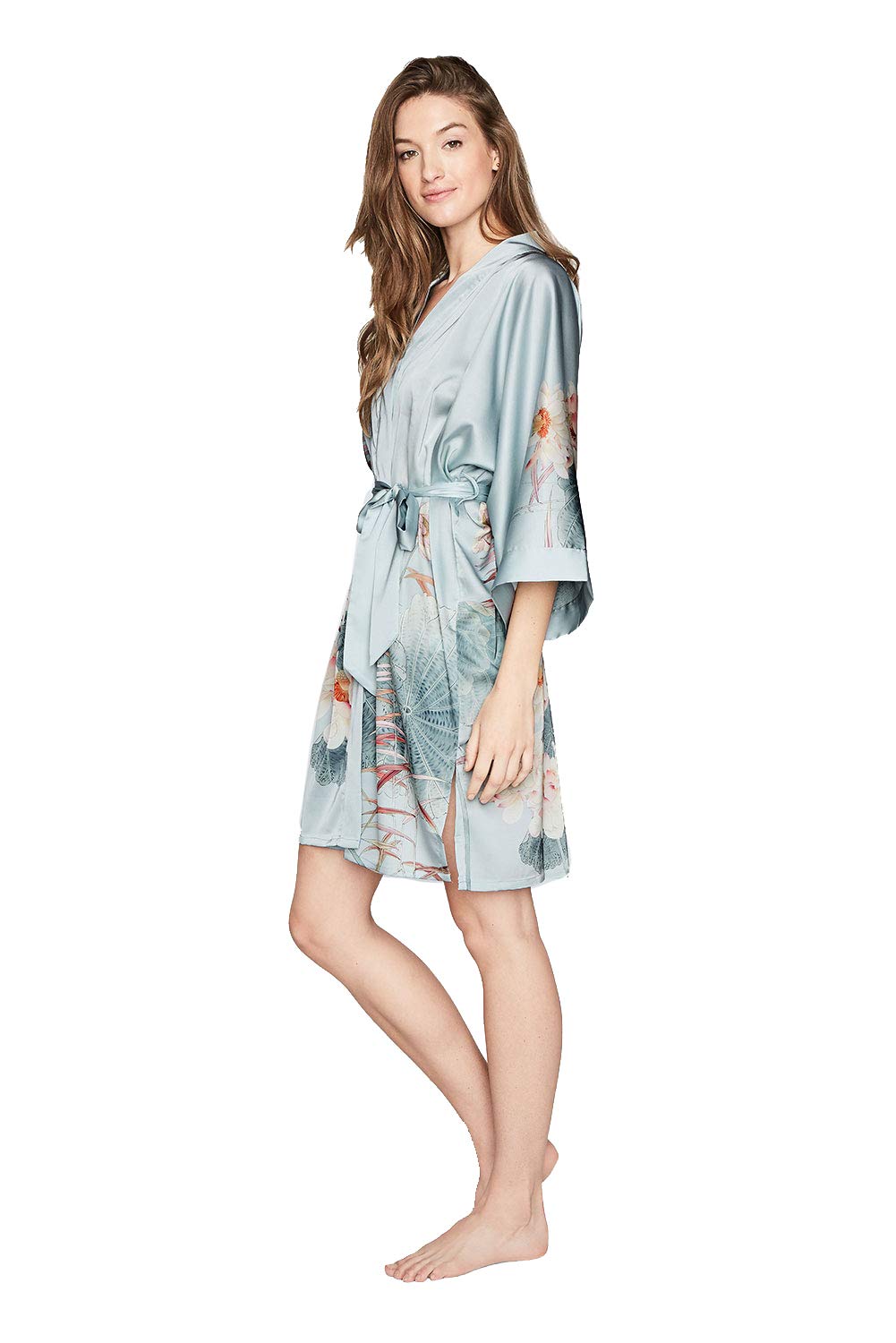 KIM+ONO Women's Short Charmeuse Kimono Robe - Watercolor Floral Print Lightweight Loungewear for Spa, Beach Cover-Up & Bridal Party