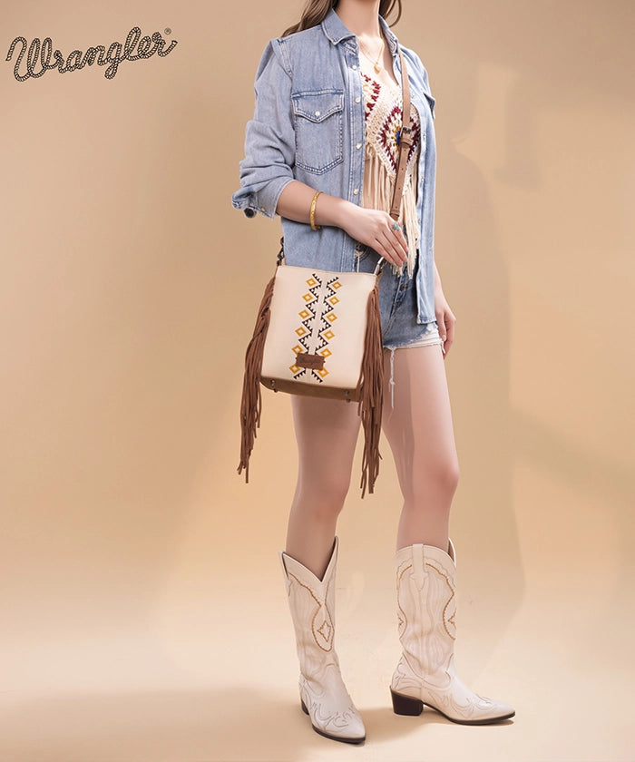 Wrangler Aztec Embroidered Fringe Crossbody Bag for Women - Boho Chic Handbag Perfect for Music Festivals & Everyday Use