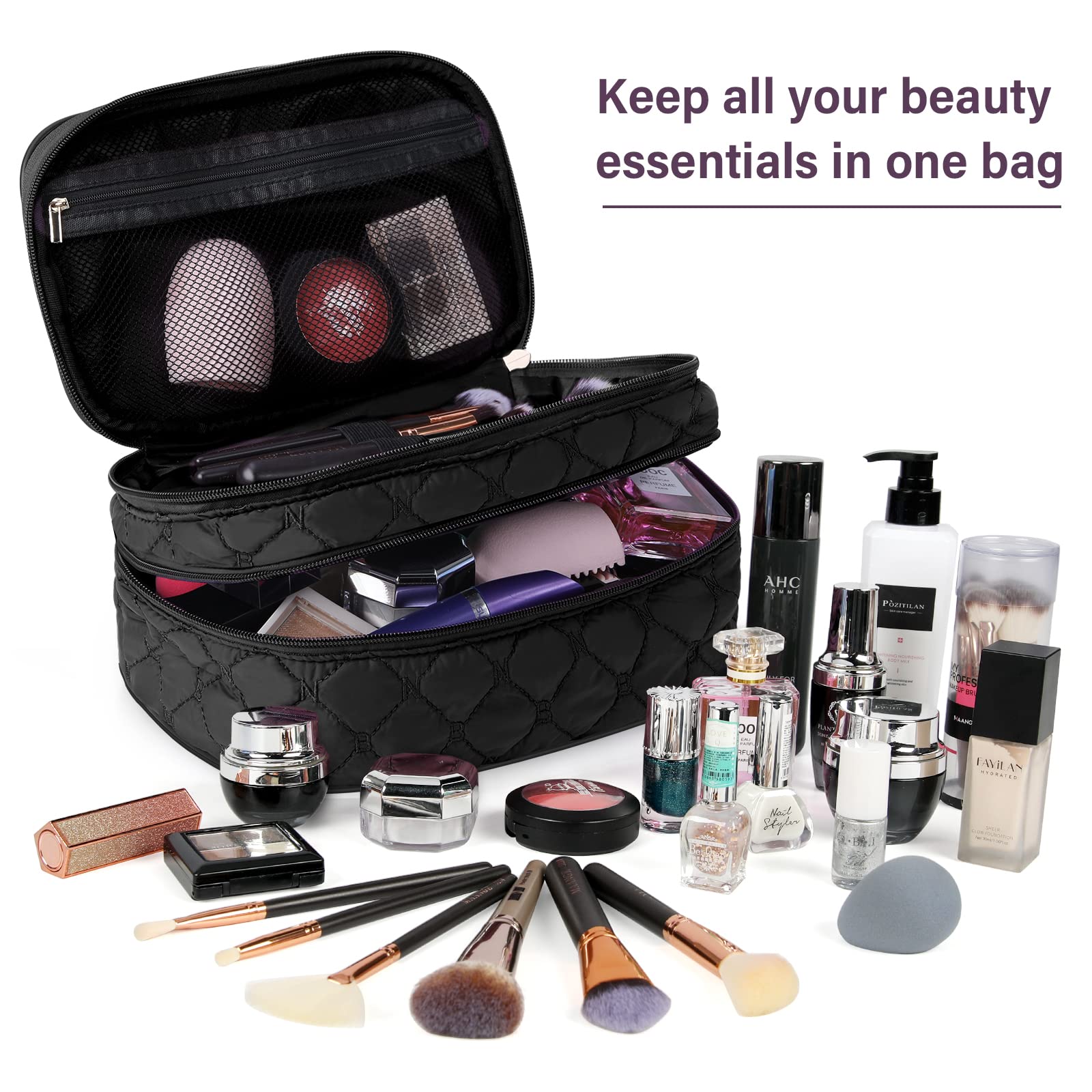 NUBILY Large Waterproof Makeup Bag for Women - Double Layer Cosmetic Organizer, Portable Toiletry Bag, Travel Vanity Case (Black) - Perfect for Travel, Gym, and Daily Makeup Storage
