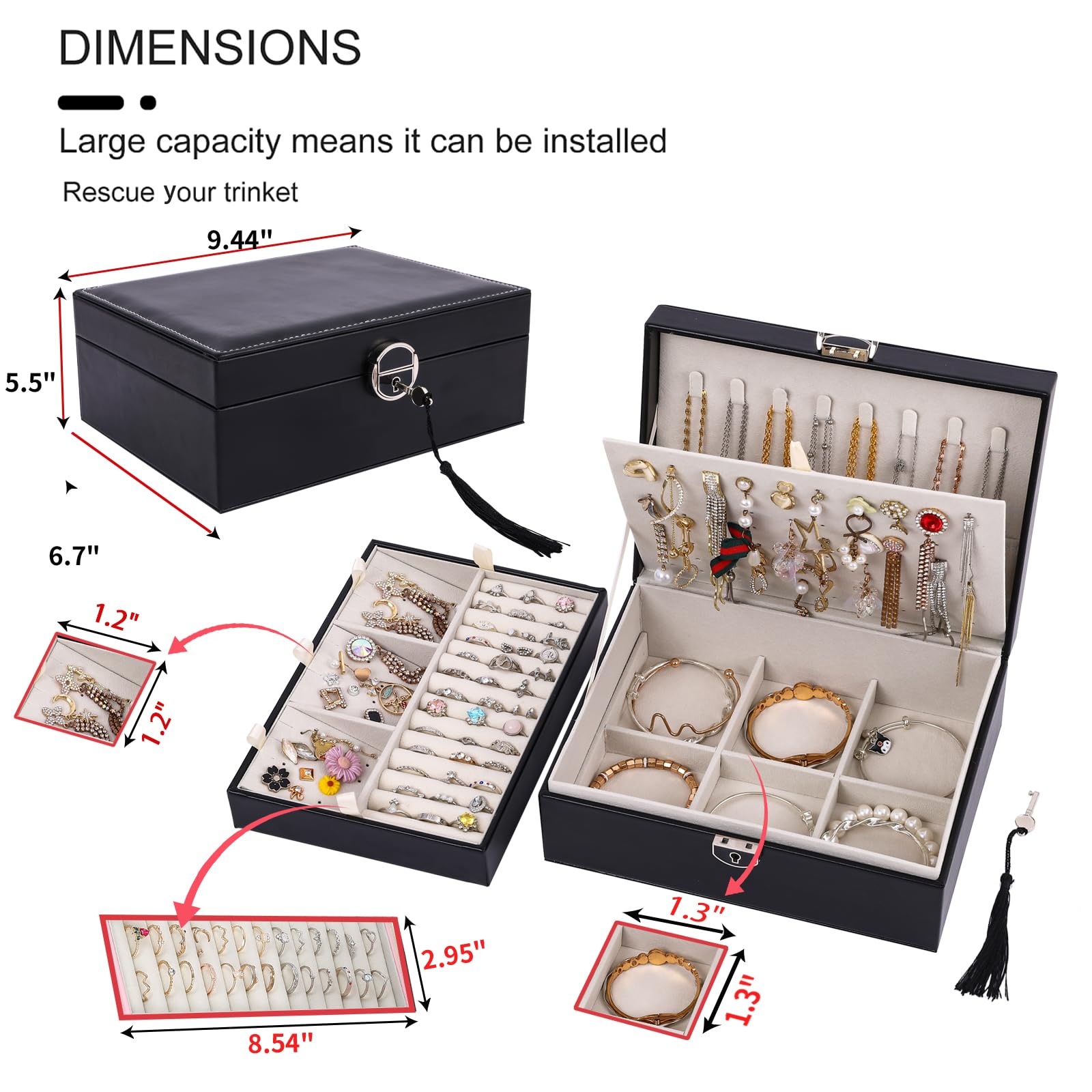 BOOVO 4-Layer Jewelry Organizer Box with Lock - Earring, Necklace, Ring Holder for Women & Girls - Perfect for Travel, Home & Gift (Black)