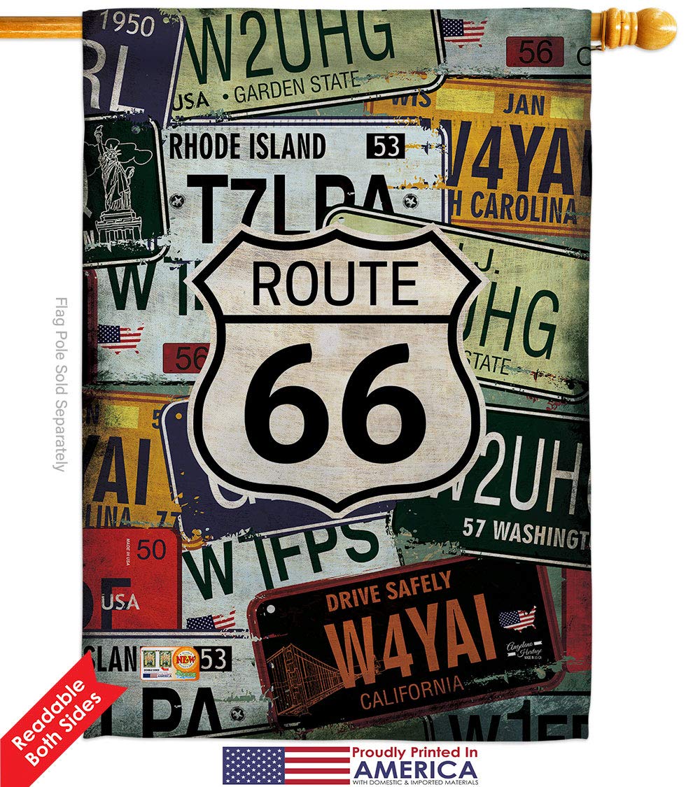 Route 66 Americana House Flag Set with Dowel - Double-Sided 28x40 Inch US Historic Decorative Yard Banner - Perfect for July 4th, Memorial Day, Veterans Day & Patriotic Home Decor - Made in USA