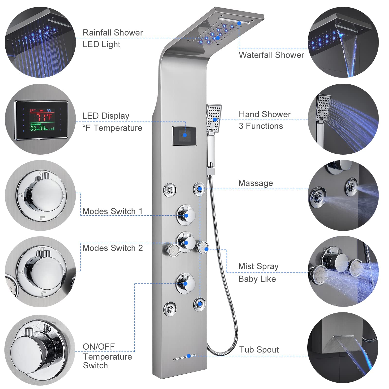**MENATT LED Lights Shower Panel Tower System - SUS304 Stainless Steel Bathroom Shower Column with Rainfall & Waterfall Shower Head, Massage Jets, Tub Spout & Handheld Shower (Brushed) - Perfect for Modern Spa-Like Bathroom Upgrades**