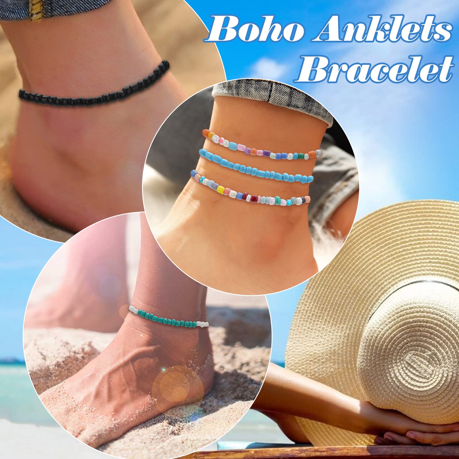 VEGCOO 8 Pcs Bohemian Anklet Bracelet Set - Handmade Adjustable Beaded Ankle Bracelet with Colorful Glass Beads, Foot Jewelry for Women & Girls - Perfect for Beach, Summer & Festival Outfits