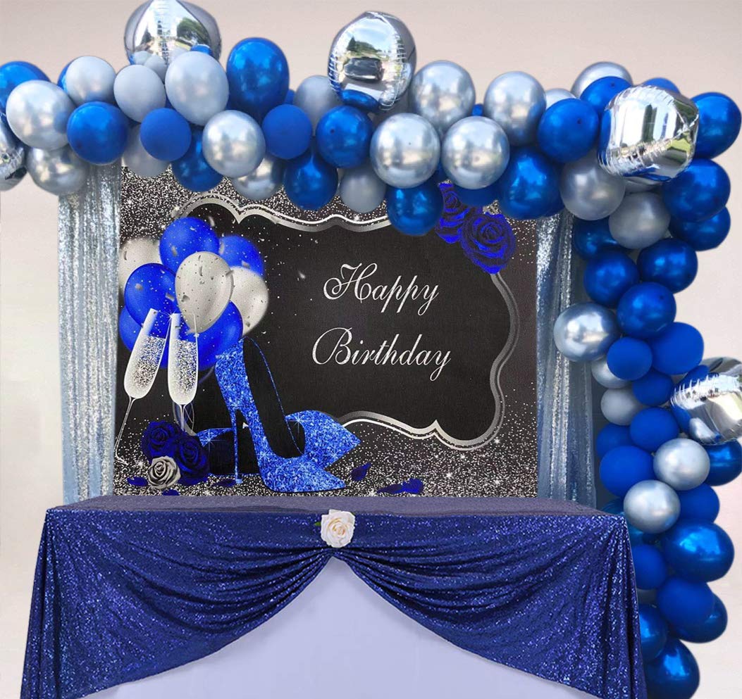 Royal Blue High Heels & Balloons Birthday Backdrop - 8x6ft (96x72 inch) Silver & Black Party Decoration for Women with Blue Roses - Perfect for Birthday Celebrations, Baby Showers & Special Events