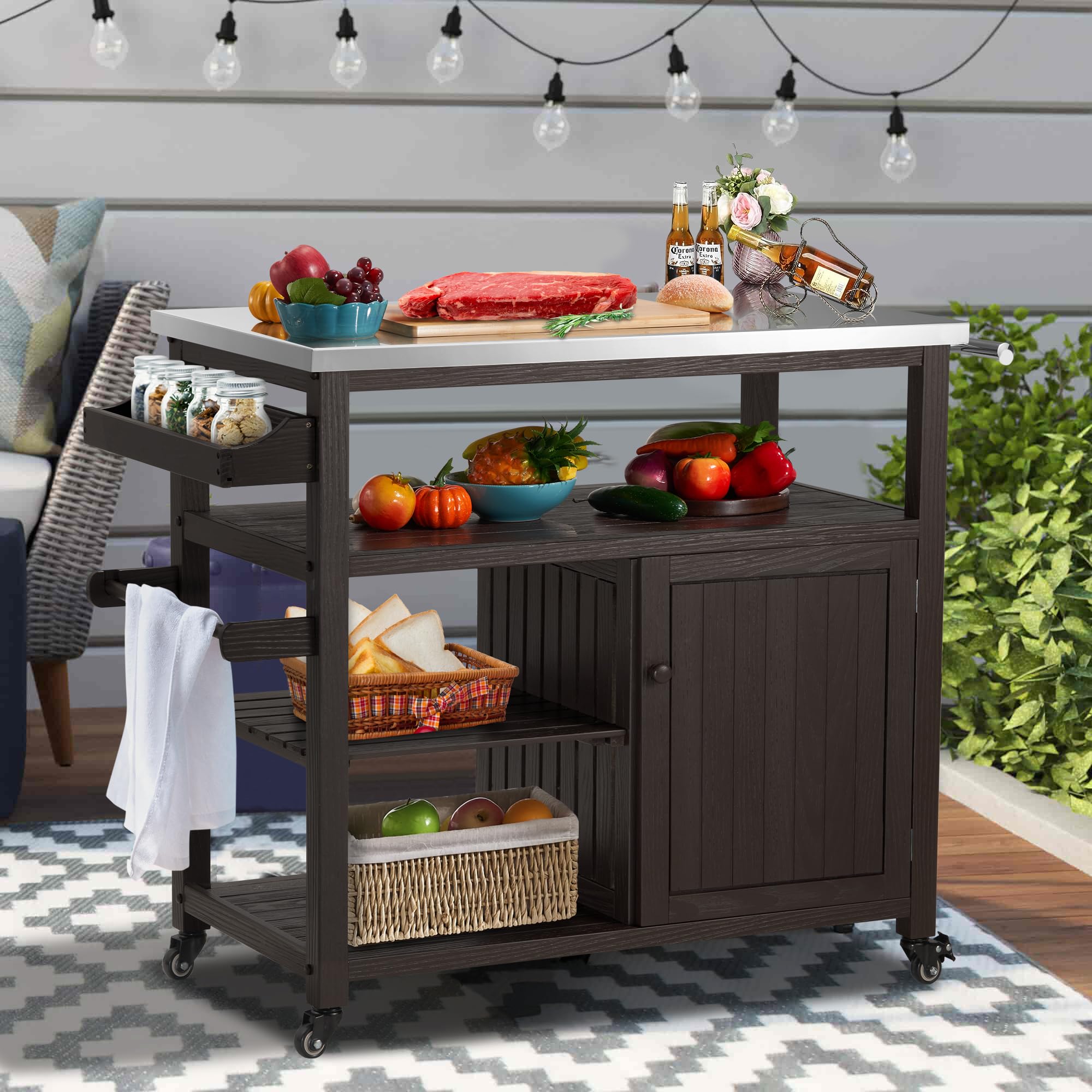 Premium AHB Outdoor Grill Table - Solid Wood Storage Cabinet with Stainless Steel Top | Rolling Kitchen Island & Movable Bar Cart for Patio, Backyard, Garden | Perfect for BBQs, Outdoor Cooking & Entertaining (Brown)