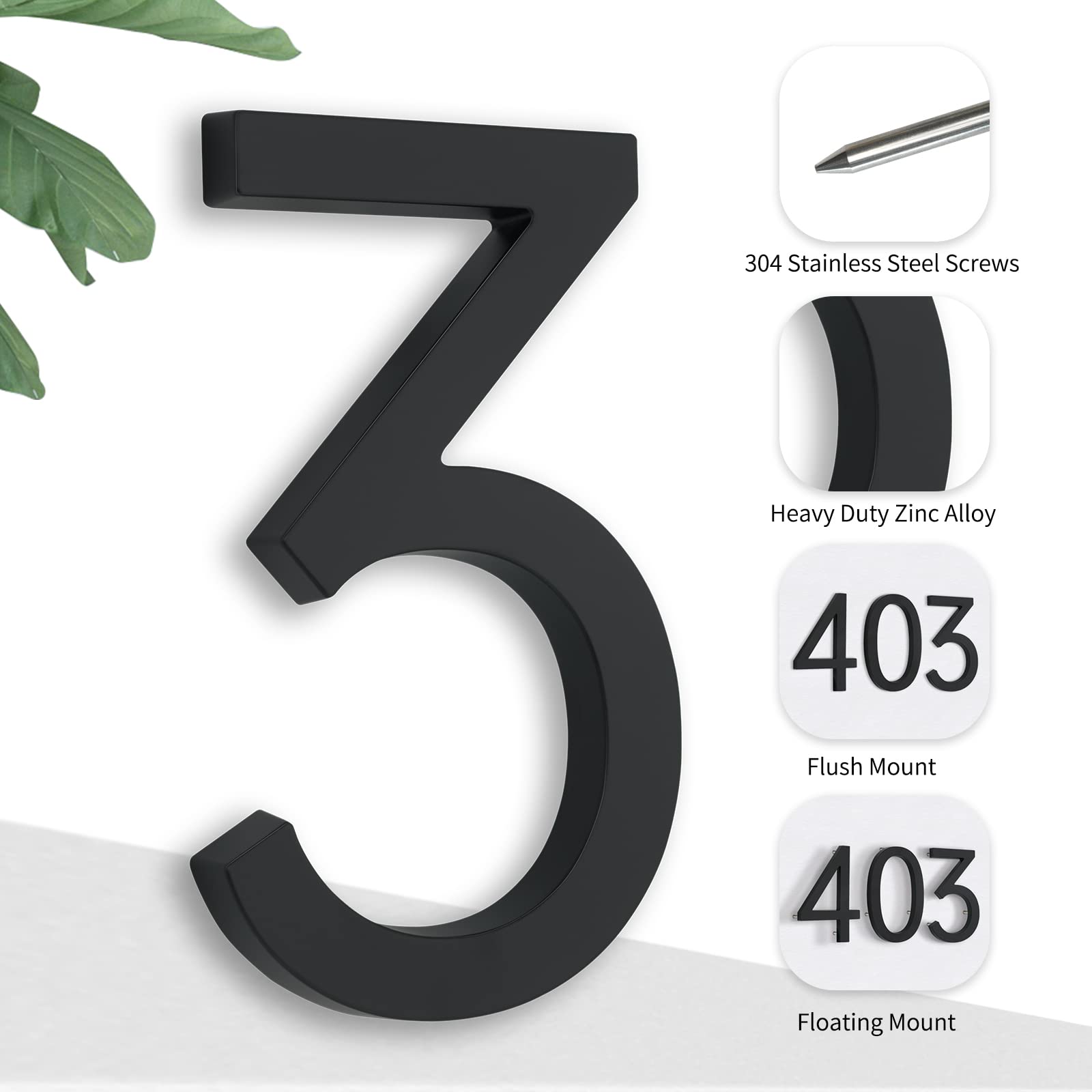 7 Inch Modern Black Metal House Numbers - Floating Flush Mount Zinc Alloy Address Plaque for Outdoor Use (Number 3) | Perfect for Front Door, Mailbox, and Street Address Visibility
