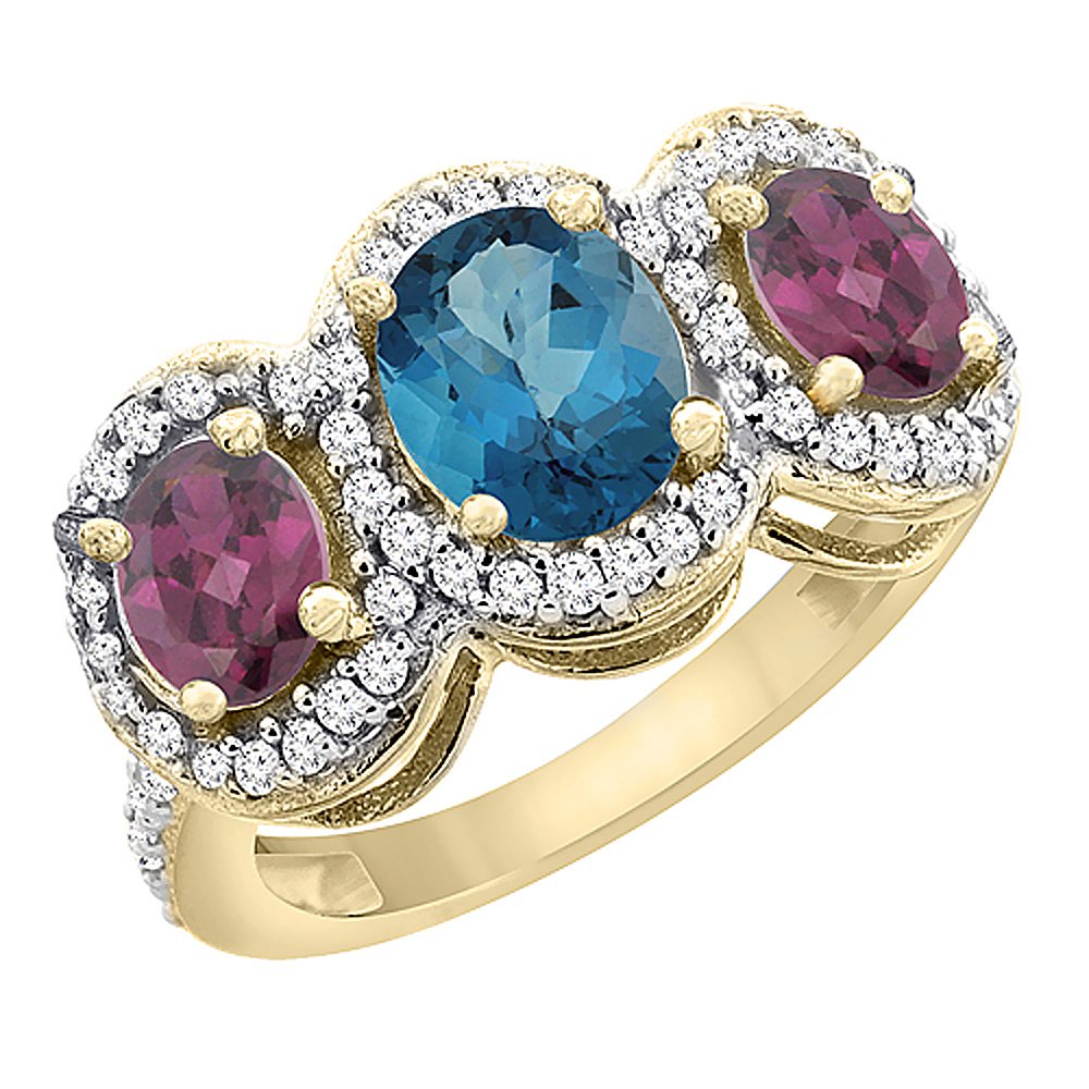 14K Yellow Gold Natural London Blue Topaz & Rhodolite 3-Stone Ring with Oval Diamond Accent - Sizes 5-10 | Elegant Birthstone Jewelry for Women, Perfect for Anniversaries, Engagements & Special Occasions