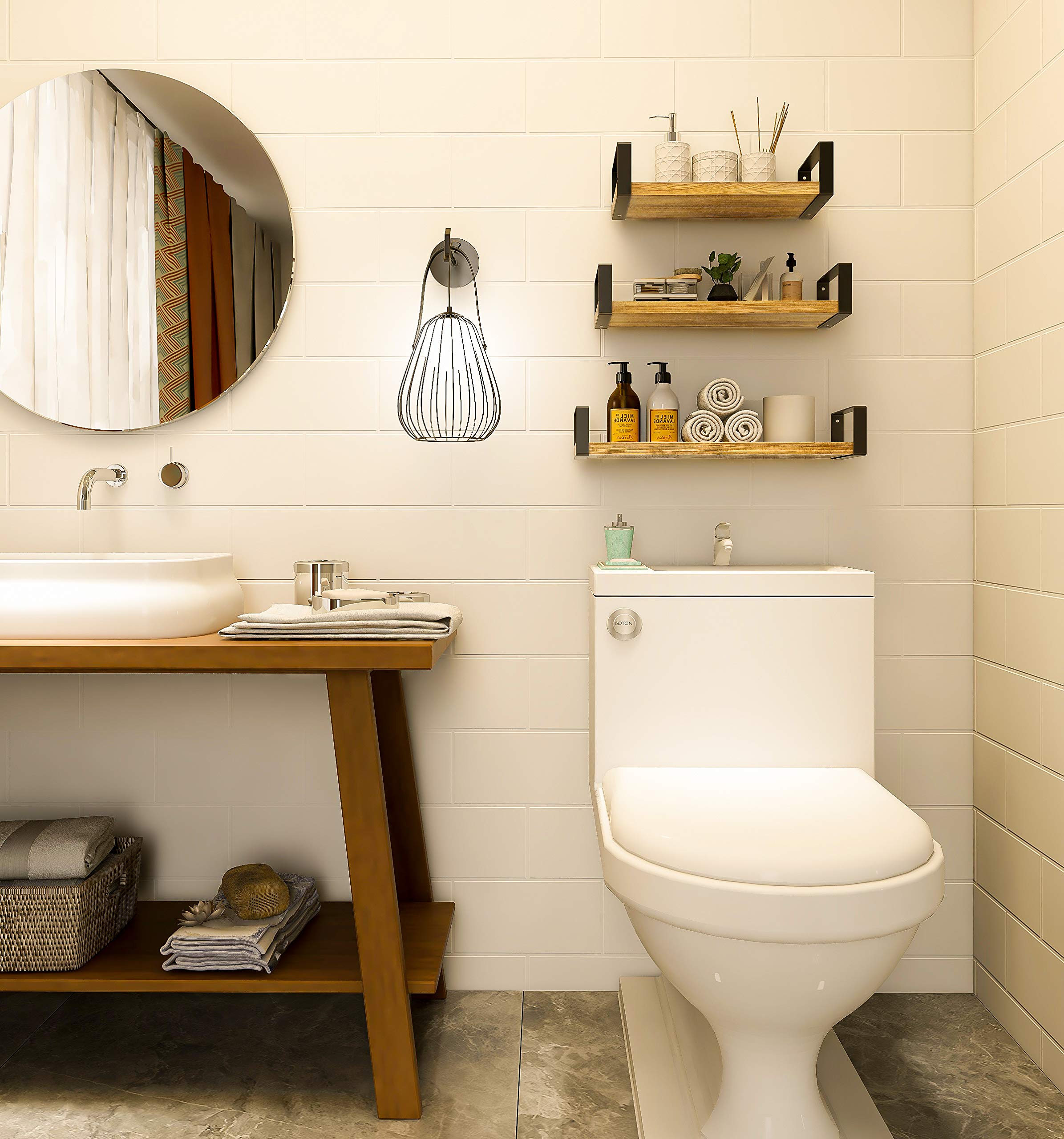 Wood Wall Shelves Set of 3 - Floating Shelves for Bathroom, Bedroom & Living Room Decor