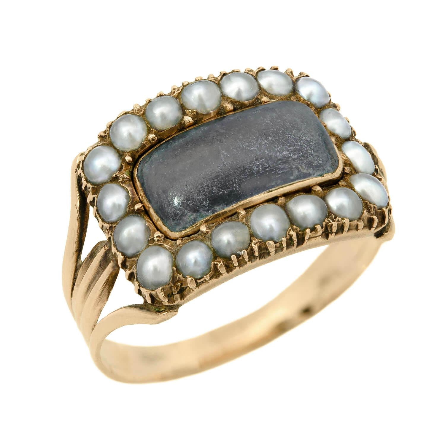 Antique Late Georgian 14K Gold Pearl Mourning Locket Ring - Victorian Jewelry for Women, Elegant Memorial Keepsake Gift for Loved Ones | Perfect for Weddings, Anniversaries & Special Occasions