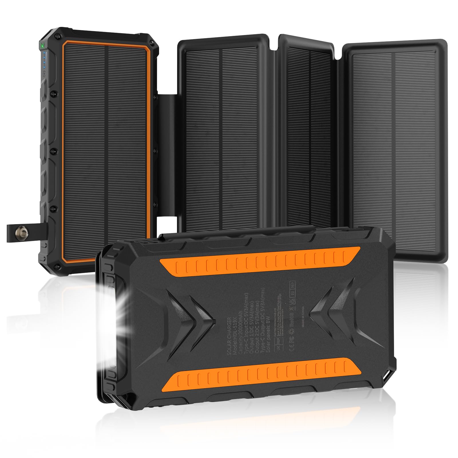 20000mAh Solar Power Bank with 4 Solar Panels - Dual USB C Fast Charging (3A Output), Waterproof Portable Charger with Flashlight - Perfect for Outdoor Camping, Hiking, Emergency & Travel - Compatible with Phones, Tablets & Small Devices (Orange)