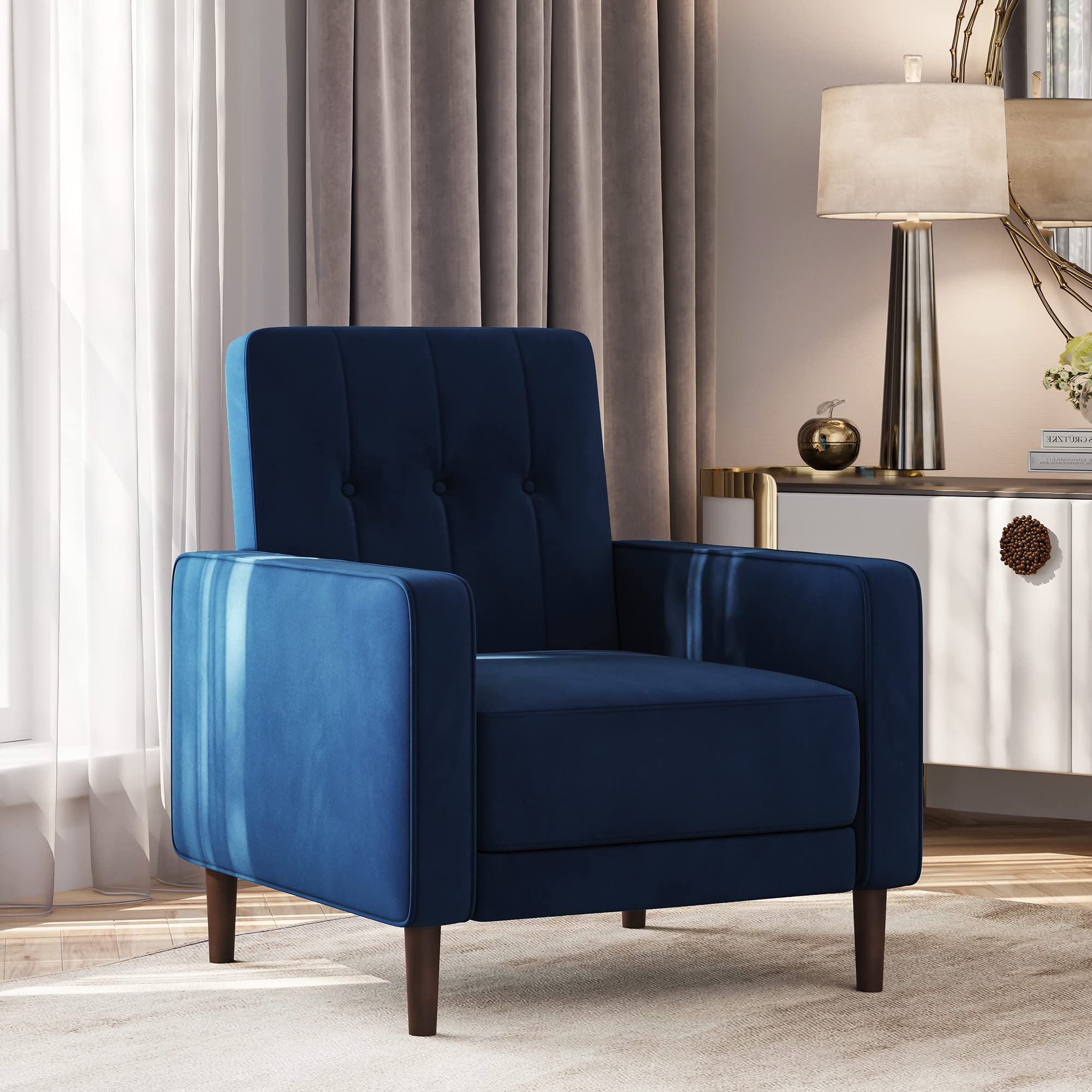 BELLEZE Mid Century Modern Accent Chair - Velvet Upholstered Armchair with Button Tufted Back, Comfy Lounge Reading Chair for Living Room & Bedroom - Navy Blue Valencia Style | Perfect for Small Spaces, Apartments and Cozy Corners