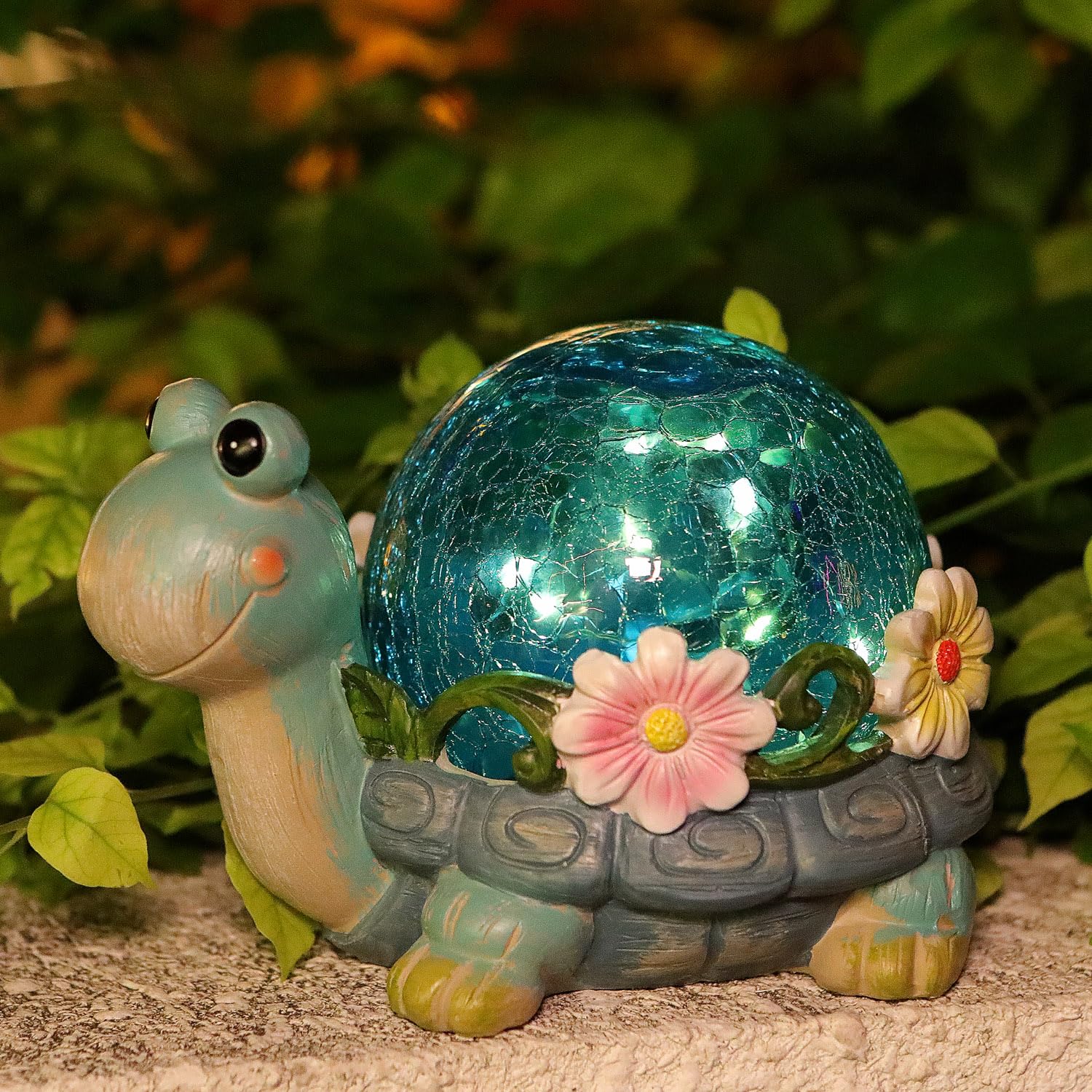 Solar Powered Turtle Garden Statue - Outdoor Resin Turtle Figurine with Cracked Glass Solar Light for Patio, Lawn, Yard Decor | Perfect for Garden Pathways, Backyard Accents & Nighttime Illumination