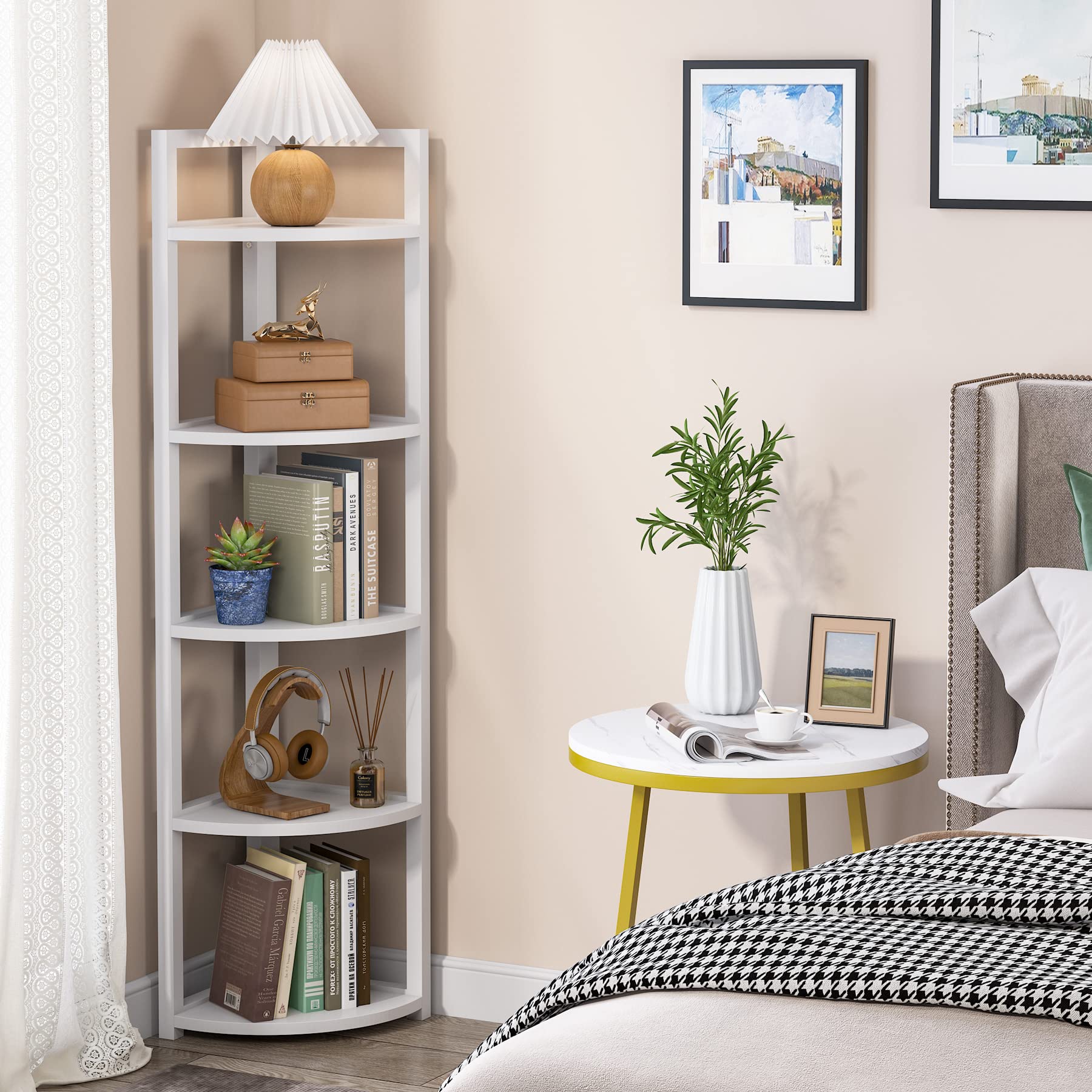 Tribesigns 5-Tier Corner Shelf - Modern Space-Saving Bookcase, Storage Rack & Plant Stand for Living Room, Home Office, Kitchen | White Wooden Shelving Unit for Small Spaces & Apartment Decor