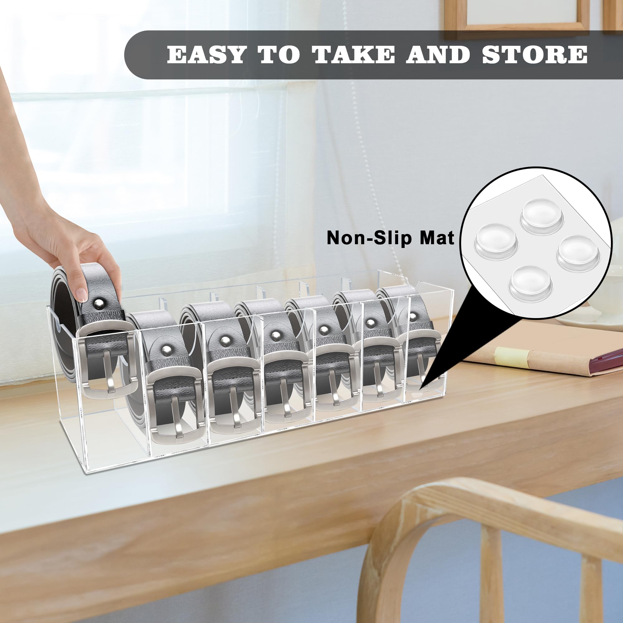 WeddingWish Acrylic Belt Organizer - 7 Compartment Clear Belt Storage with Dust Cover for Closet & Drawer - Perfect for Displaying Belts, Ties & Bow Ties | Ideal for Home Organization & Wardrobe Accessories