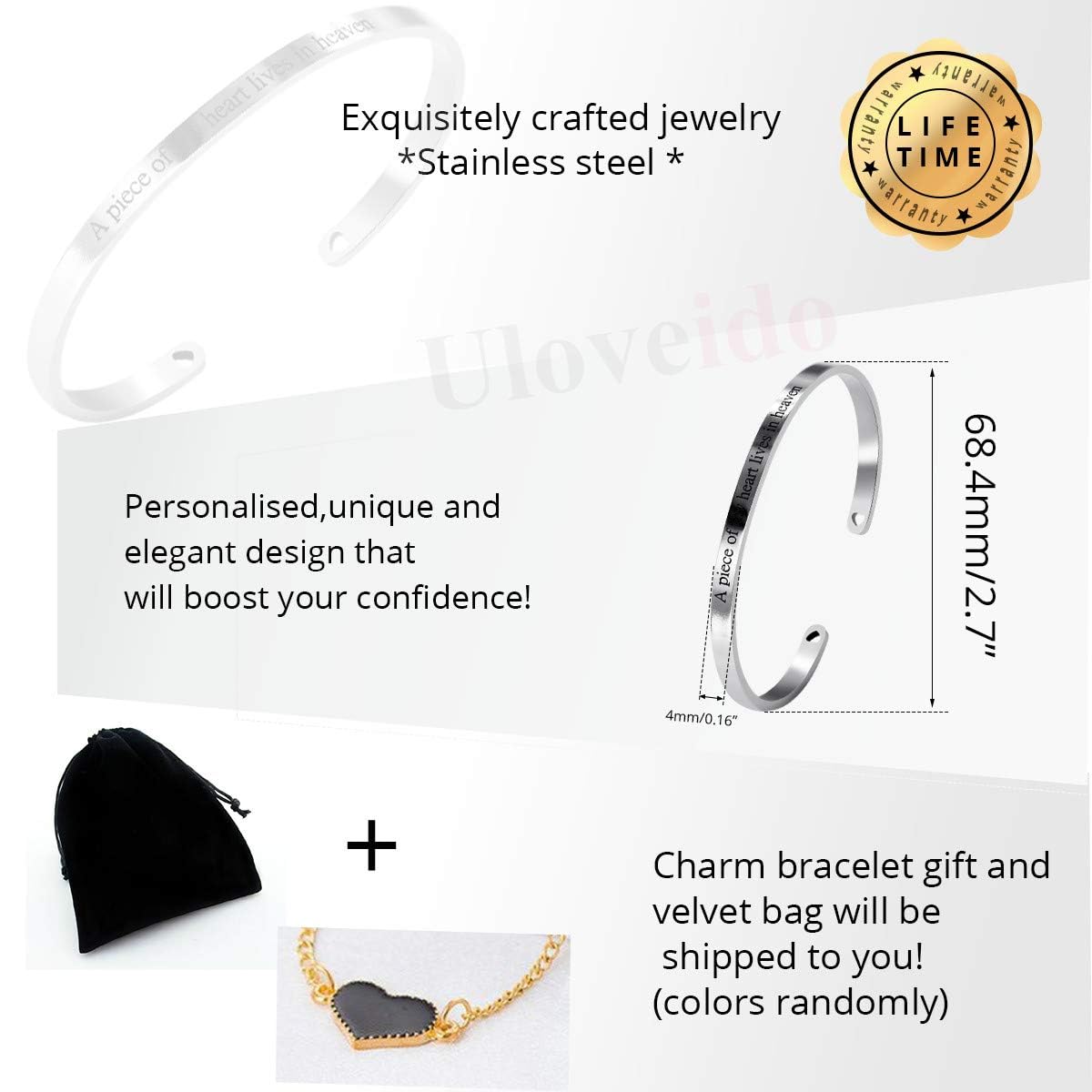 Uloveido Personalized Stainless Steel Motivational Bracelet for Women - Engraved Initial Mantra Cuff Bangle Y460 | Inspirational Jewelry Gift for Her, Daily Wear & Special Occasions