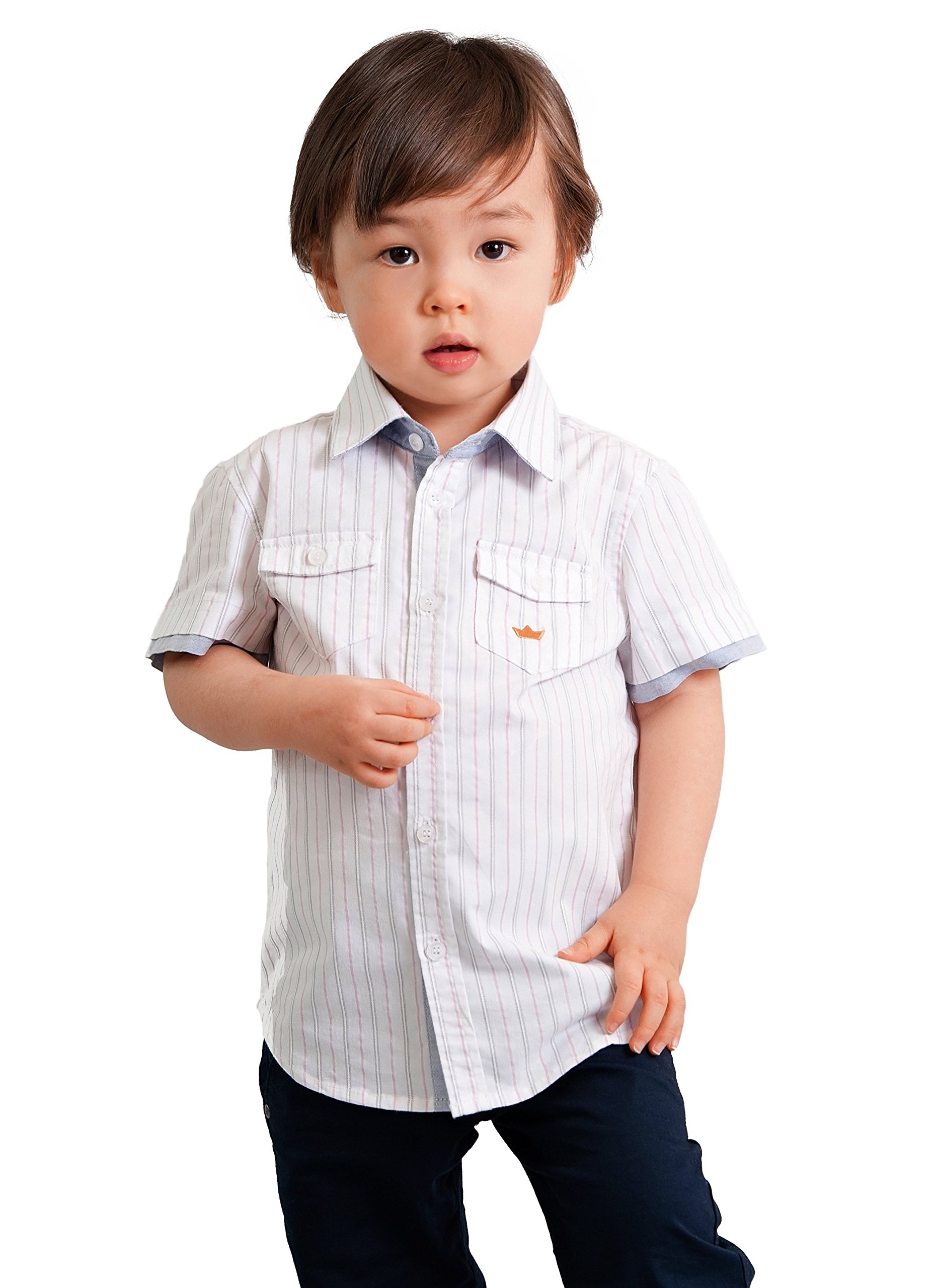 Boys' White Striped Short Sleeve Dress Shirt with Pockets - Toddler Formal Wear for School, Parties & Family Photos