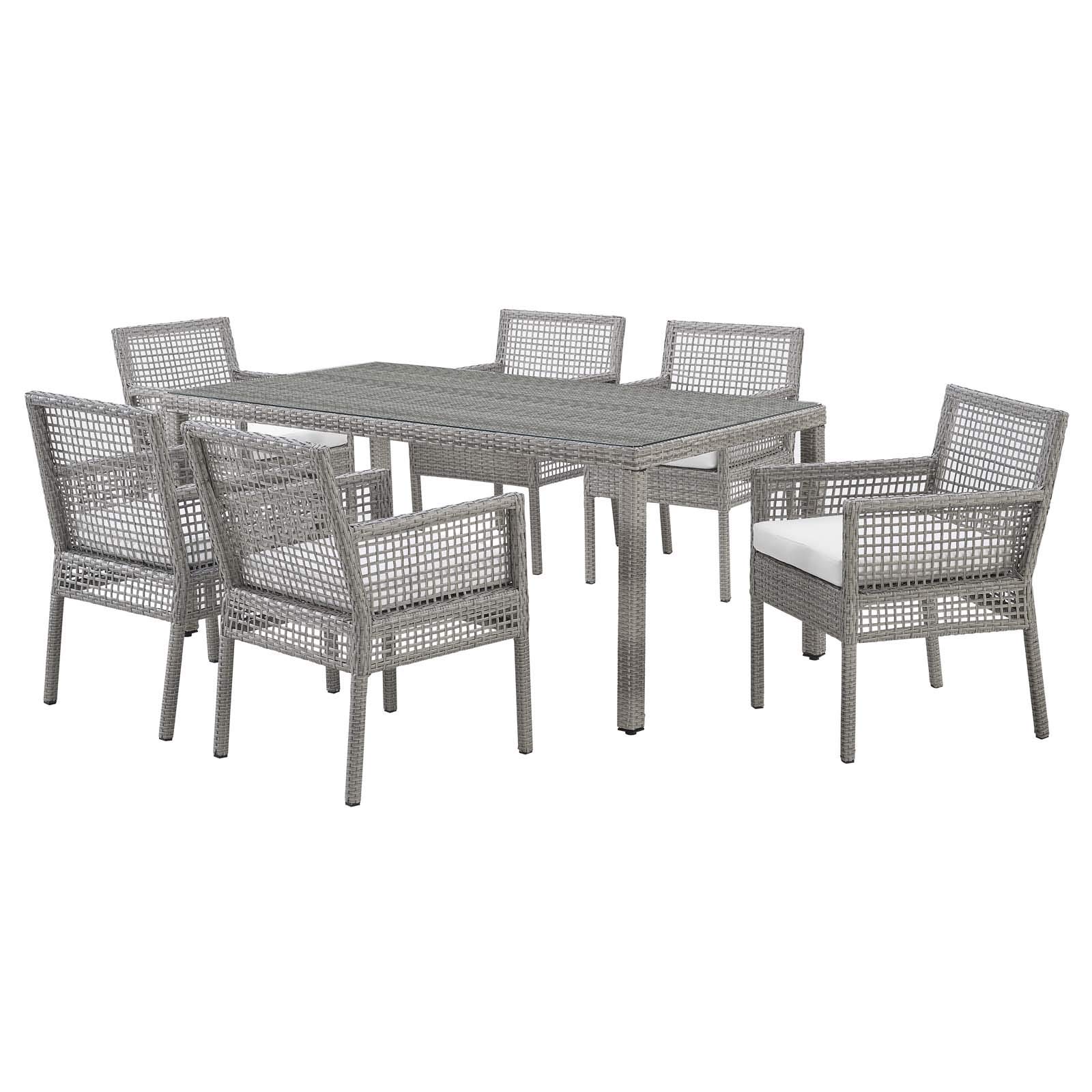 Modern Contemporary Outdoor Patio Balcony Side Dining Chair and Table Set - Rattan, Grey Gray White - Perfect for Garden, Terrace, and Poolside Relaxation