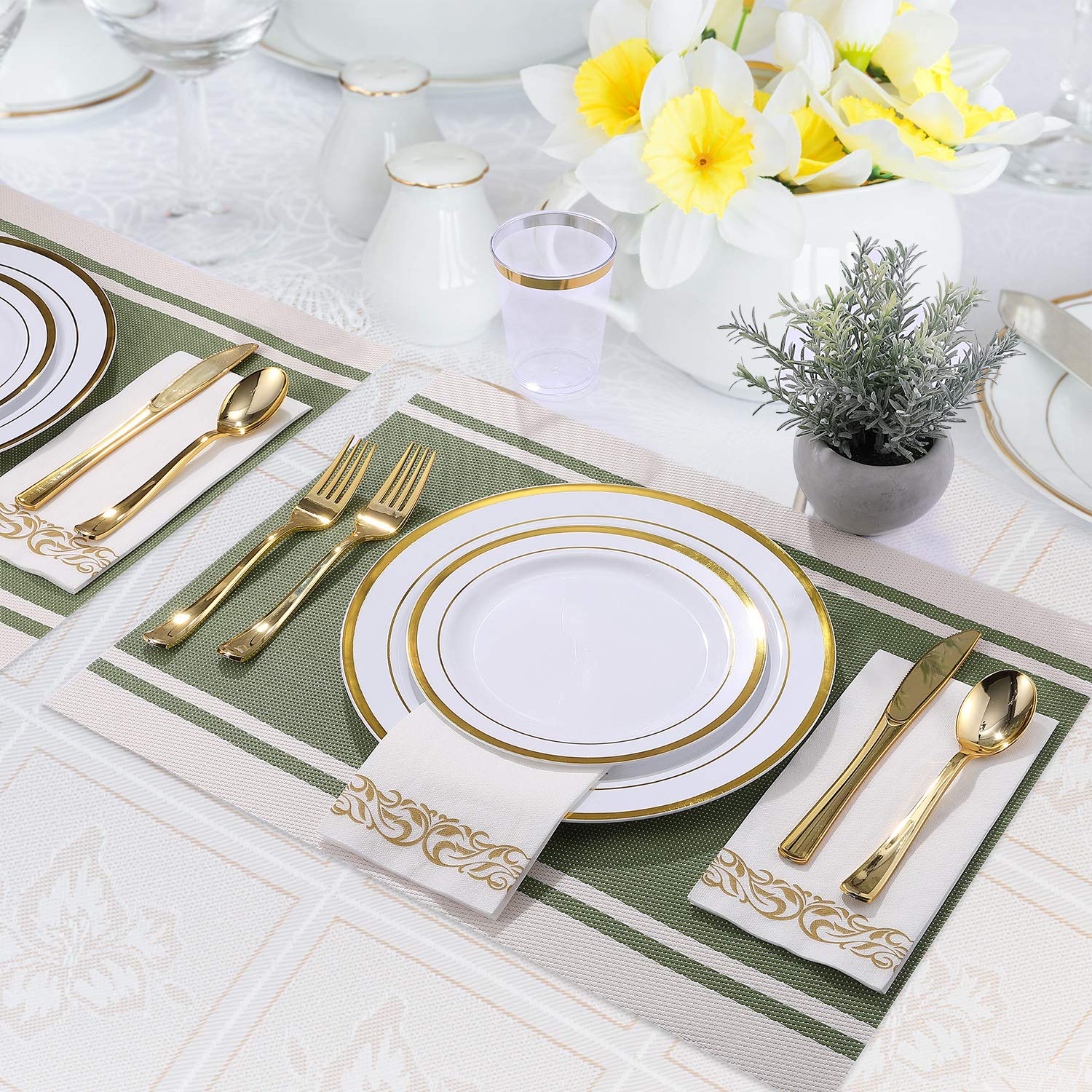 Premium 175-Piece Gold Trimmed Disposable Dinnerware Set for 25 Guests - Elegant White Plastic Plates with Gold Rim, Includes 25 Dinner Plates, 25 Dessert Plates, 25 Silverware Sets, 25 Cups & 25 Napkins - Perfect for Weddings, Parties, Catering & Special Events