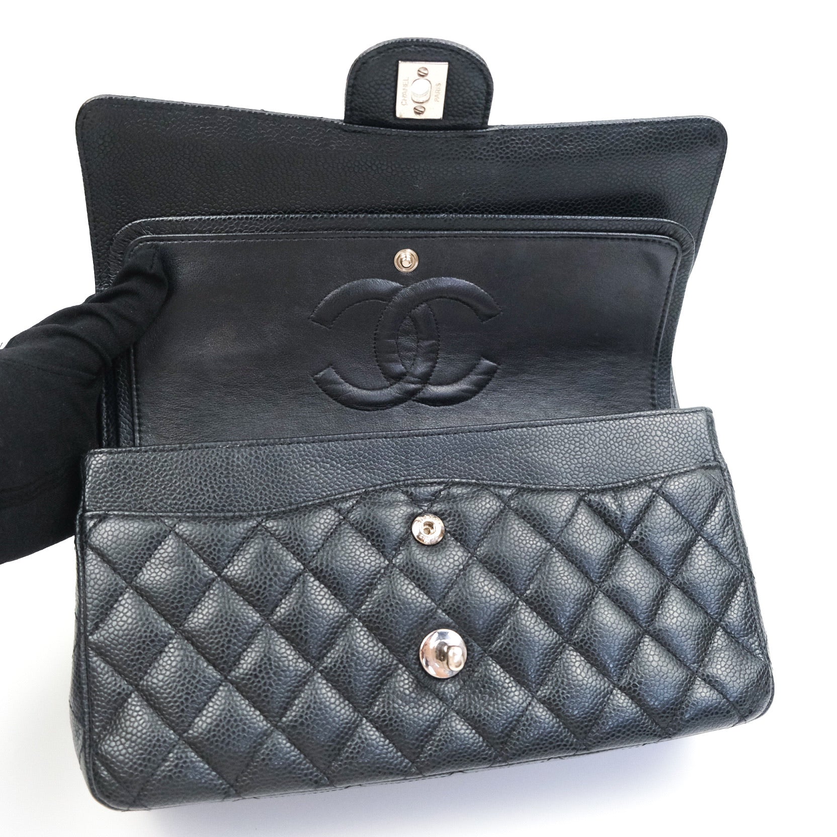 Chanel Classic M/L Medium Double Flap Bag Black Caviar Silver Hardware - Luxury Designer Handbag for Women, Perfect for Work, Evening Events & Special Occasions