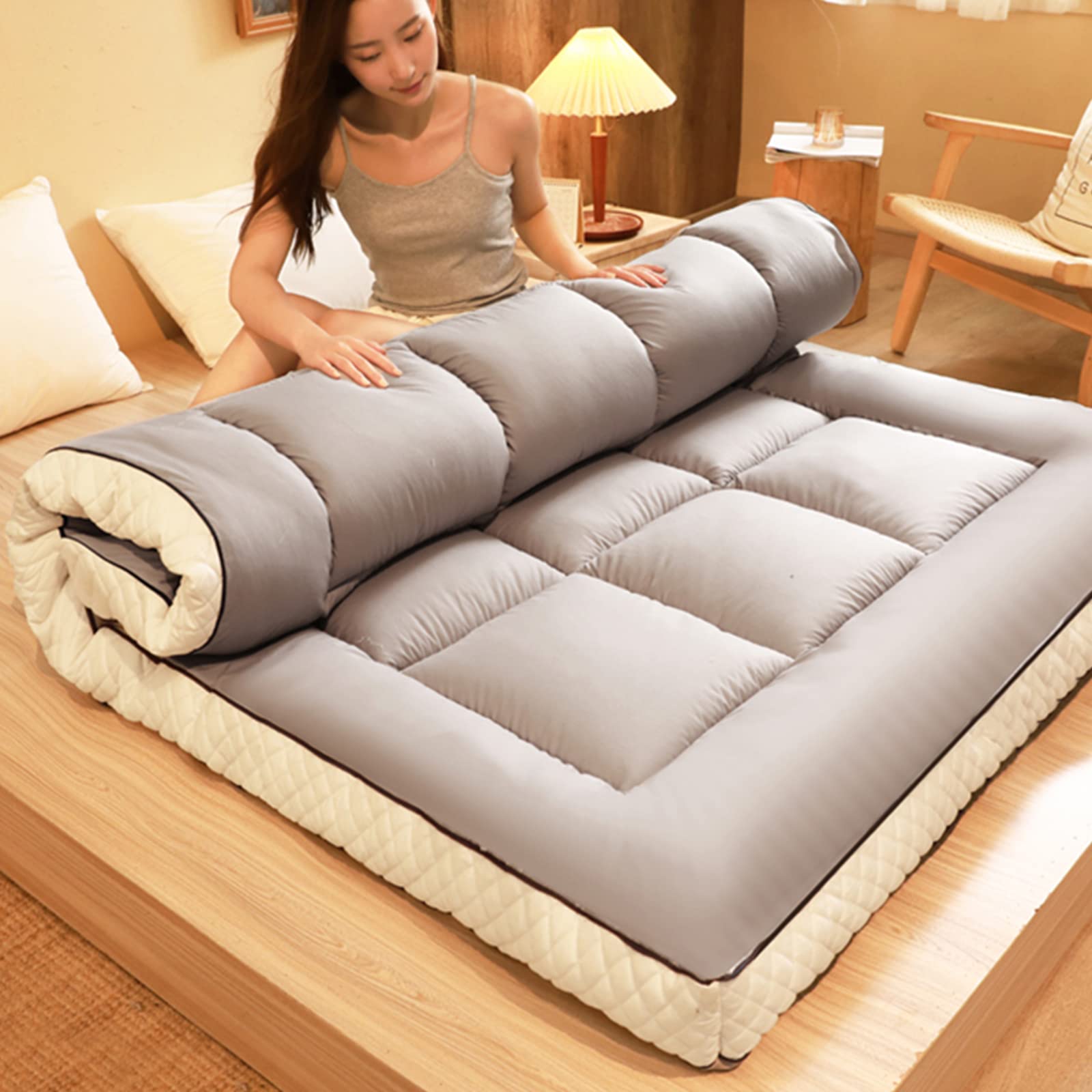 Japanese Futon Mattress - Thick Roll Up Quilted Floor Mattress for Winter, Portable Folding Tatami Sleeping Pad - 180x200cm (71x79in) Gray - Perfect for Camping, Couch Beds & Guest Rooms