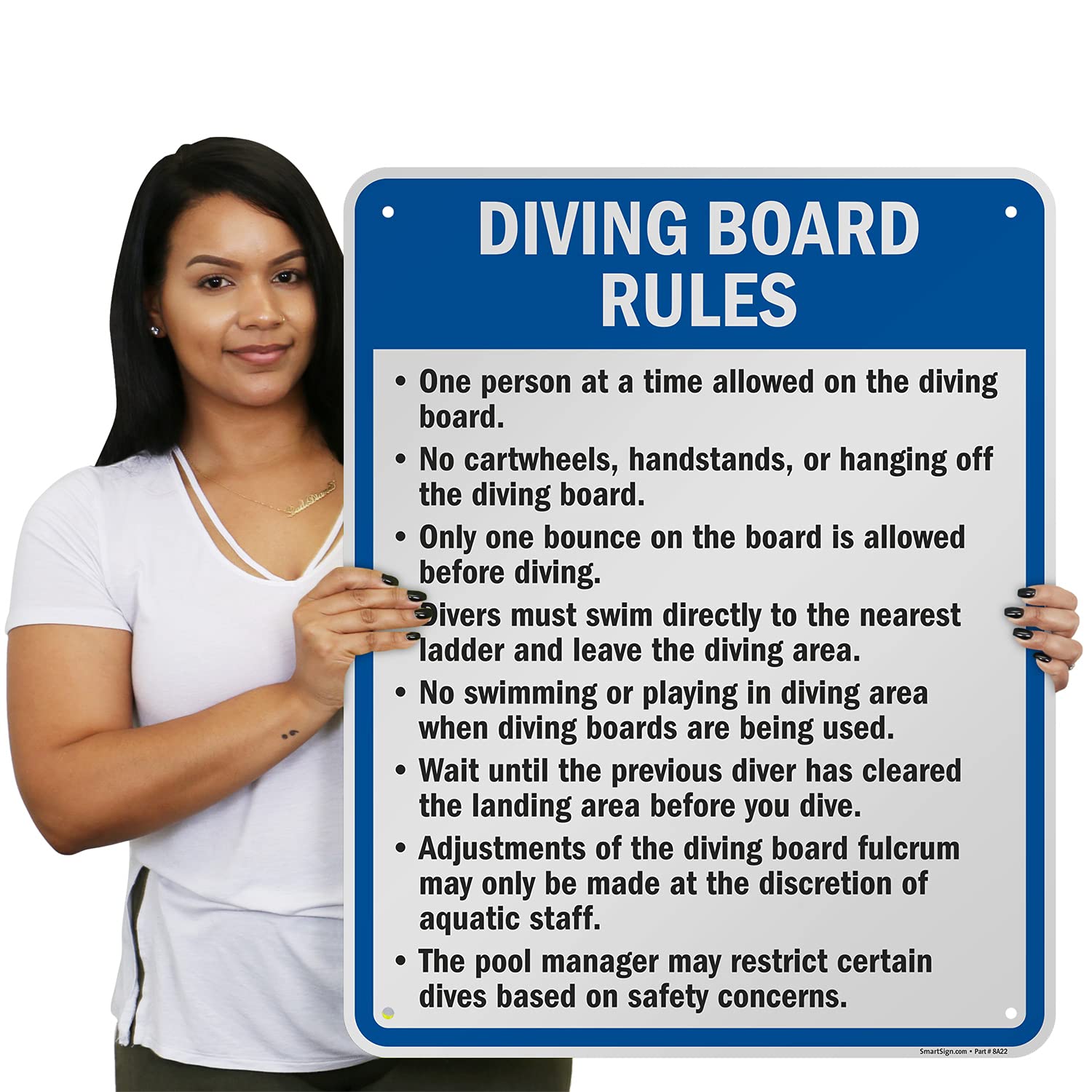 Diving Board Rules Metal Sign - 30x24 Inch, One Person at a Time, No Cartwheels Handstands or Hanging - Rustproof 80 Mil Laminated Aluminum, Blue Black & White - Made in USA - Perfect for Pools, Water Parks & Backyard Safety