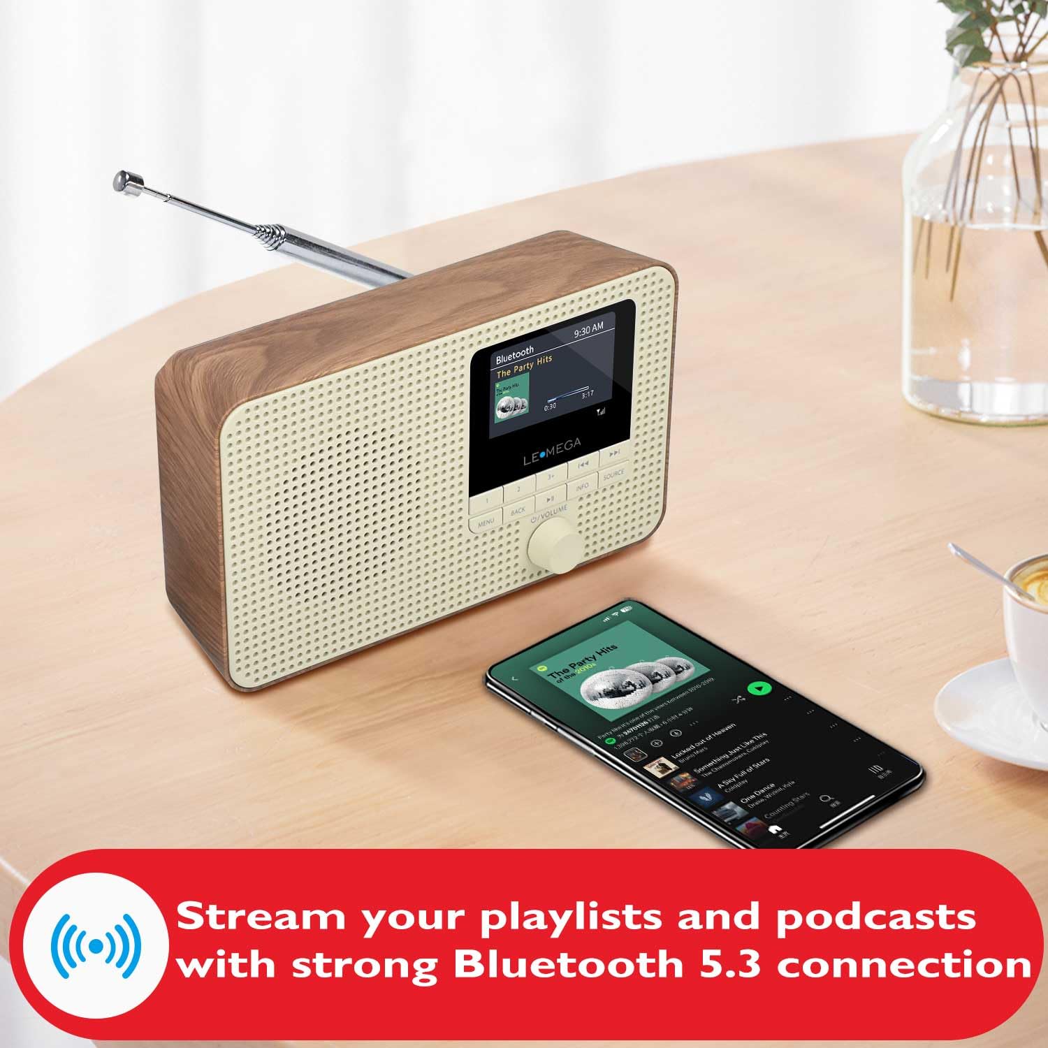 LEMEGA IR1 Portable WiFi Internet Radio with FM Digital Tuner, Bluetooth Speaker, Dual Alarm Clock, Sleep Timer, 40 Presets, Headphone Jack, Color Display - Battery or AC Powered (Walnut Finish) - Perfect for Home, Office, and Travel Use