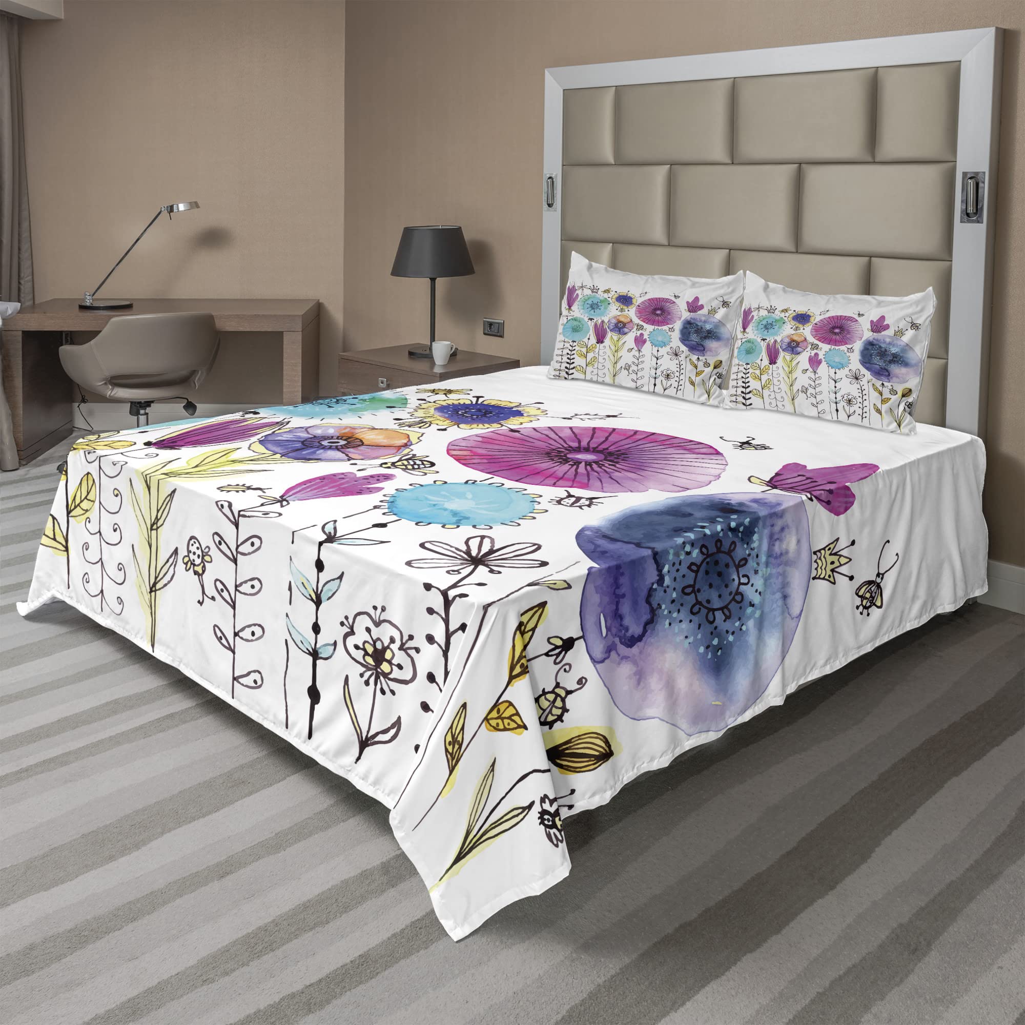 Ambesonne Dragonfly 4-Piece King Sheet Set - Pink & Blue Summer Dandelion Design with Happy Dragonfly Art, Soft Bedding for Master Bedroom, Guest Room & Dorm Decor