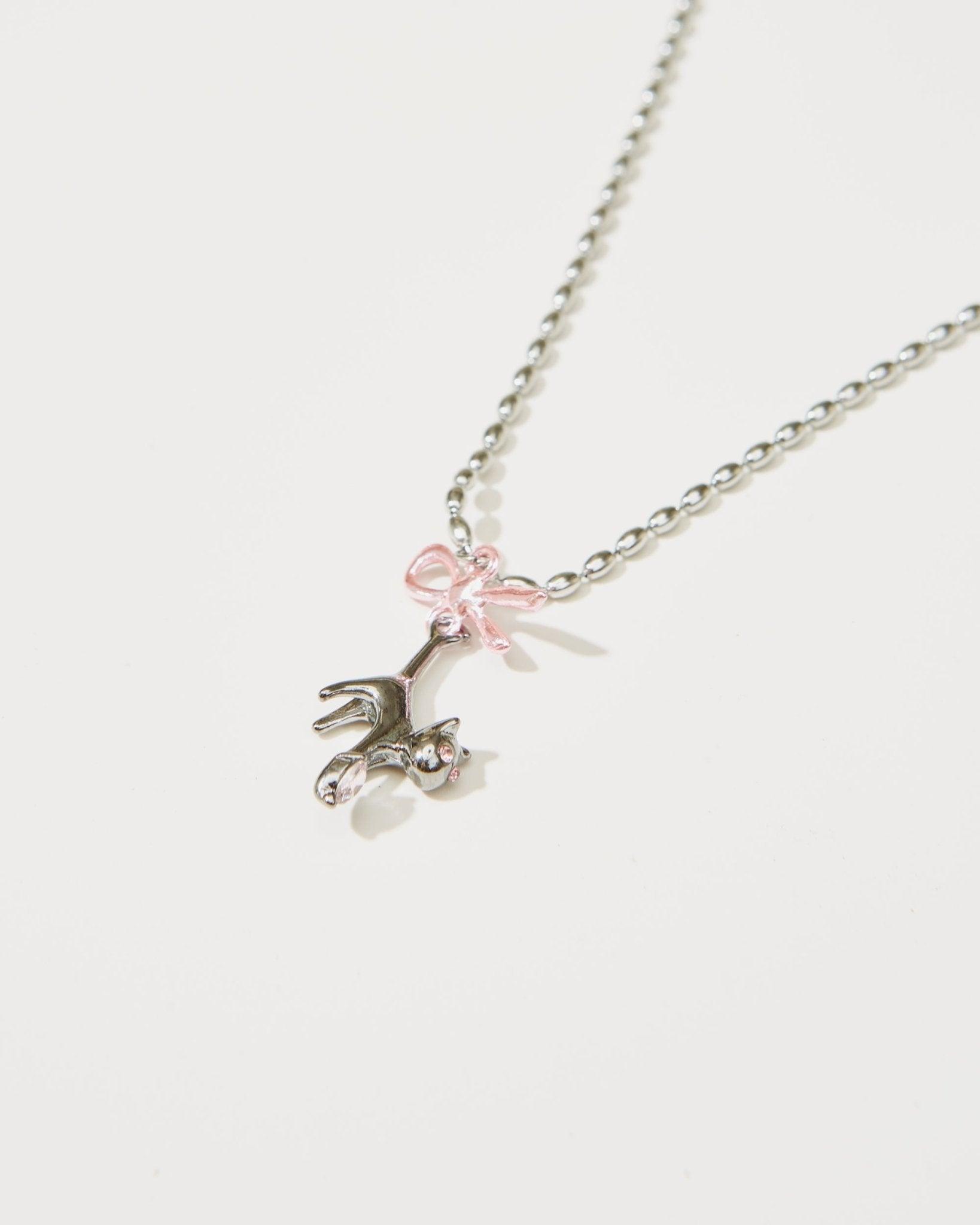Cute Kitty Pink Bow Necklace for Women - Elegant Cat Pendant Jewelry Gift for Cat Lovers, Perfect for Valentine's Day & Birthday Gifts