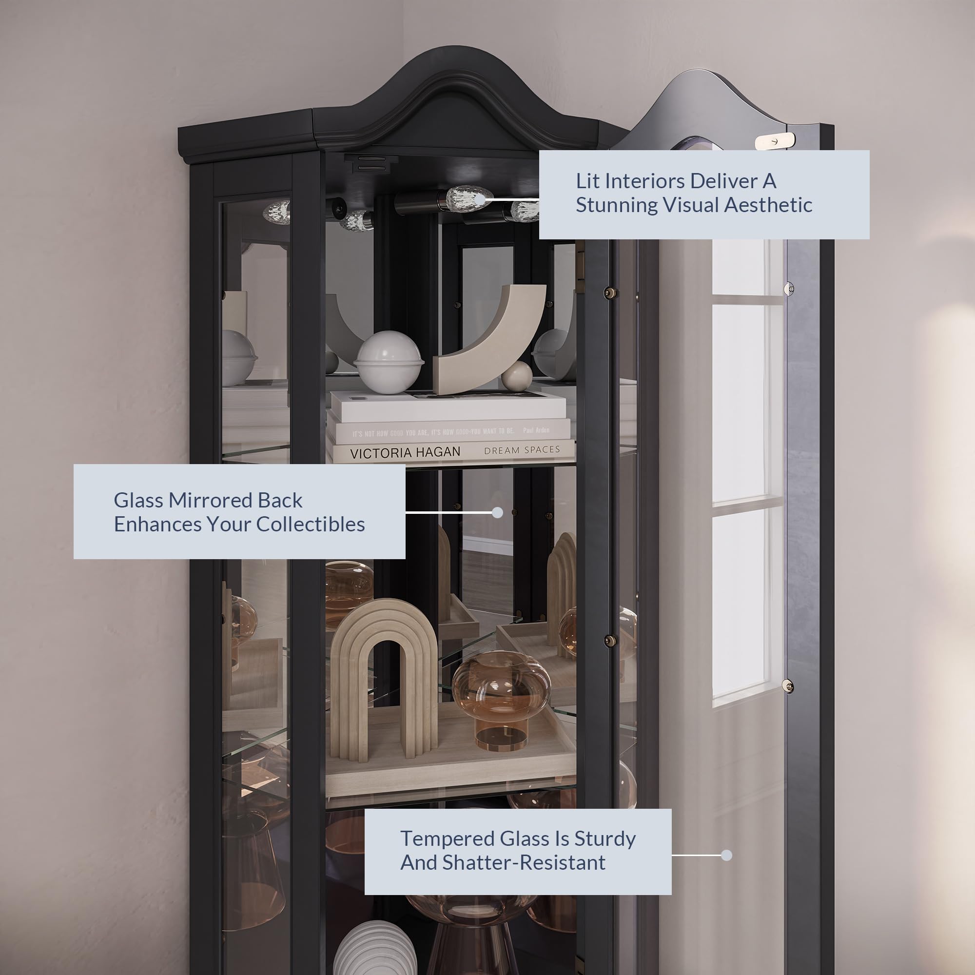 BELLEZE Lighted 3-Side Glass Display Curio Cabinet with Tempered Glass Doors & Shelves - Wooden Corner Cabinet with LED Bulbs for Living Room, Kitchen, Dining Room - Perfect for Showcasing Collectibles, China, or Decorative Items (Black)