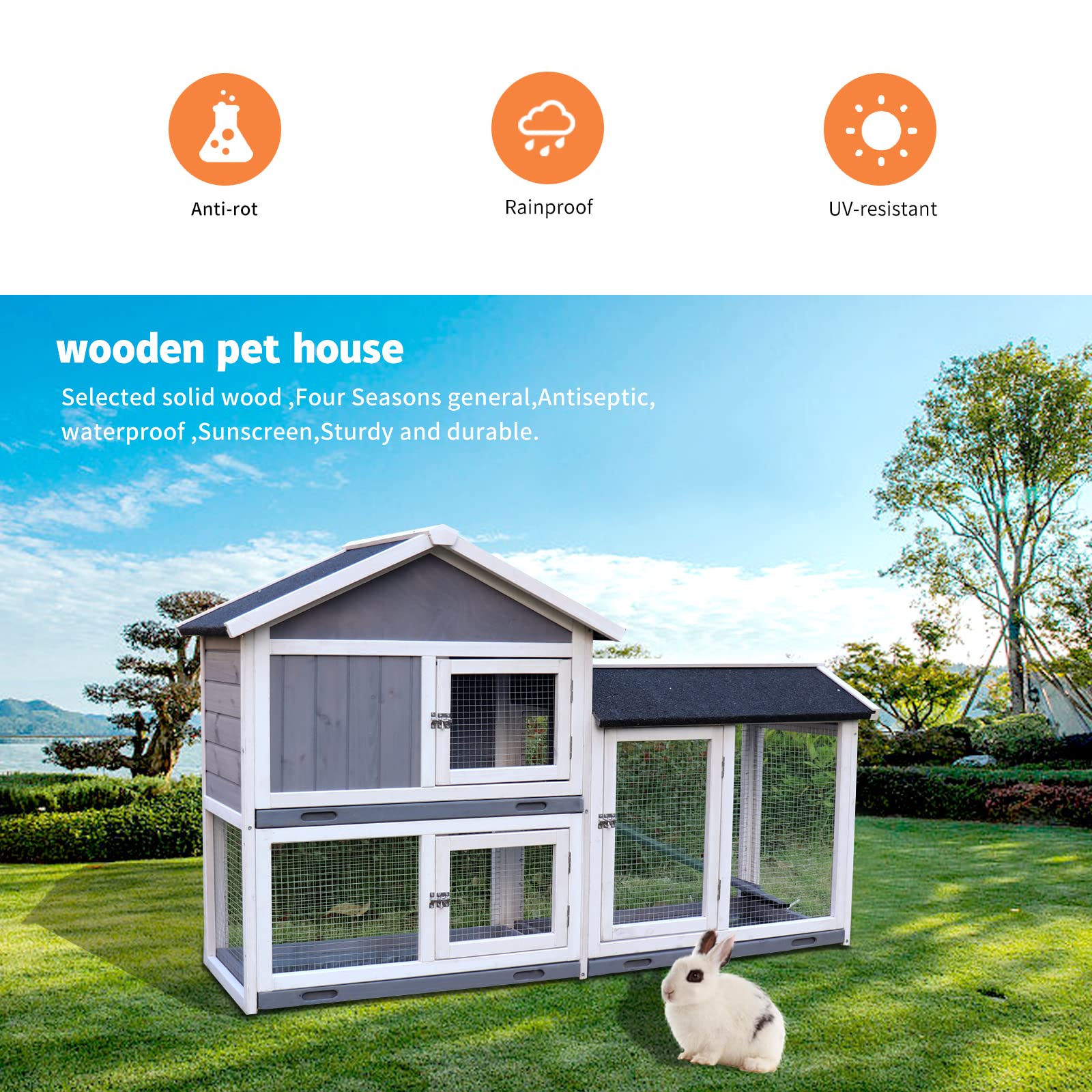 Premium Large Wooden Rabbit Hutch Cage - Indoor/Outdoor Bunny House with Removable Trays & UV Panel - Guinea Pig/Chicken Coop for Small Pets (Black) - Perfect for Backyard, Garden, or Patio Use