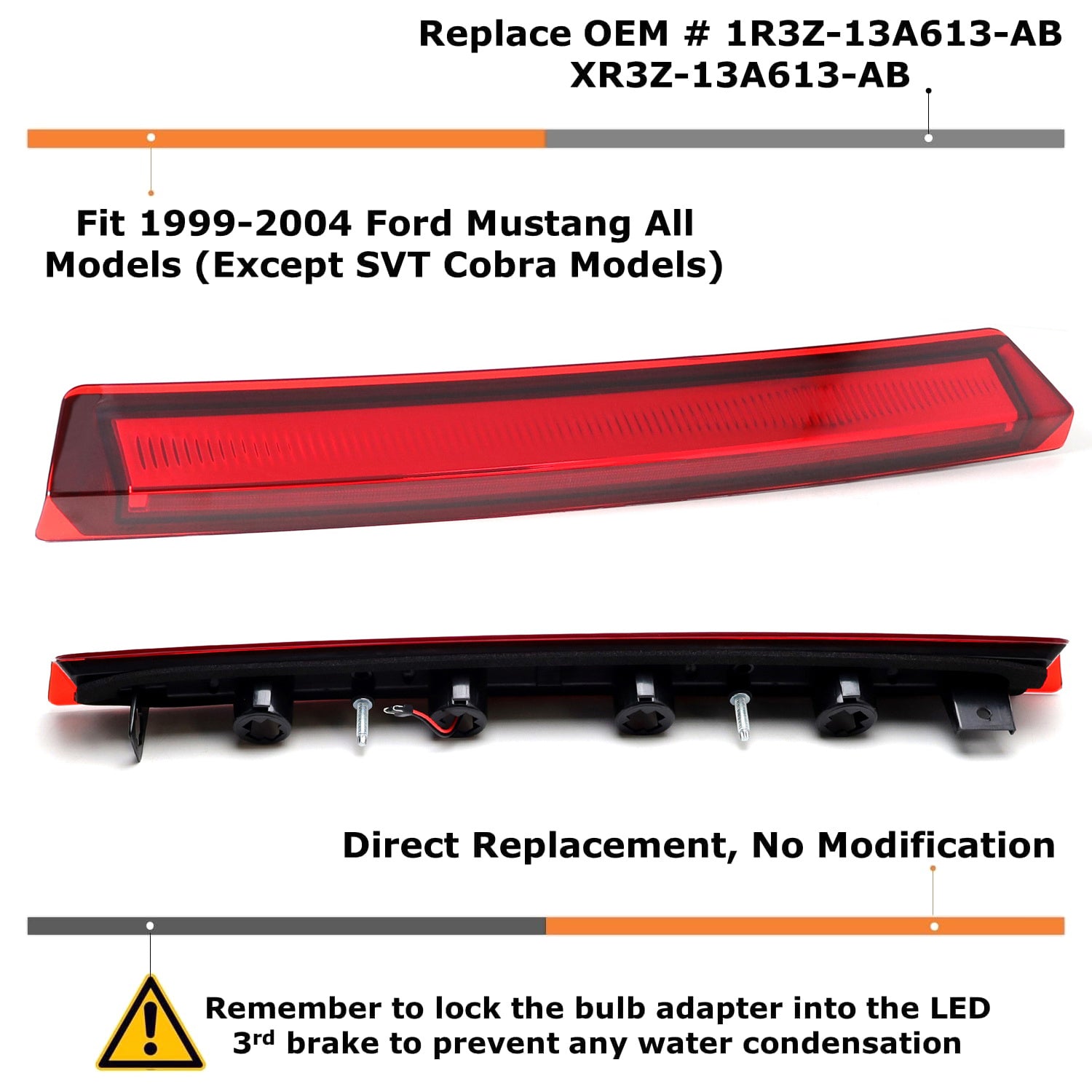 Super Bright OLED Third Brake Light with Dark Red Lens for 1999-2004 Ford Mustang | High Visibility Safety Upgrade for Night Driving & Car Shows