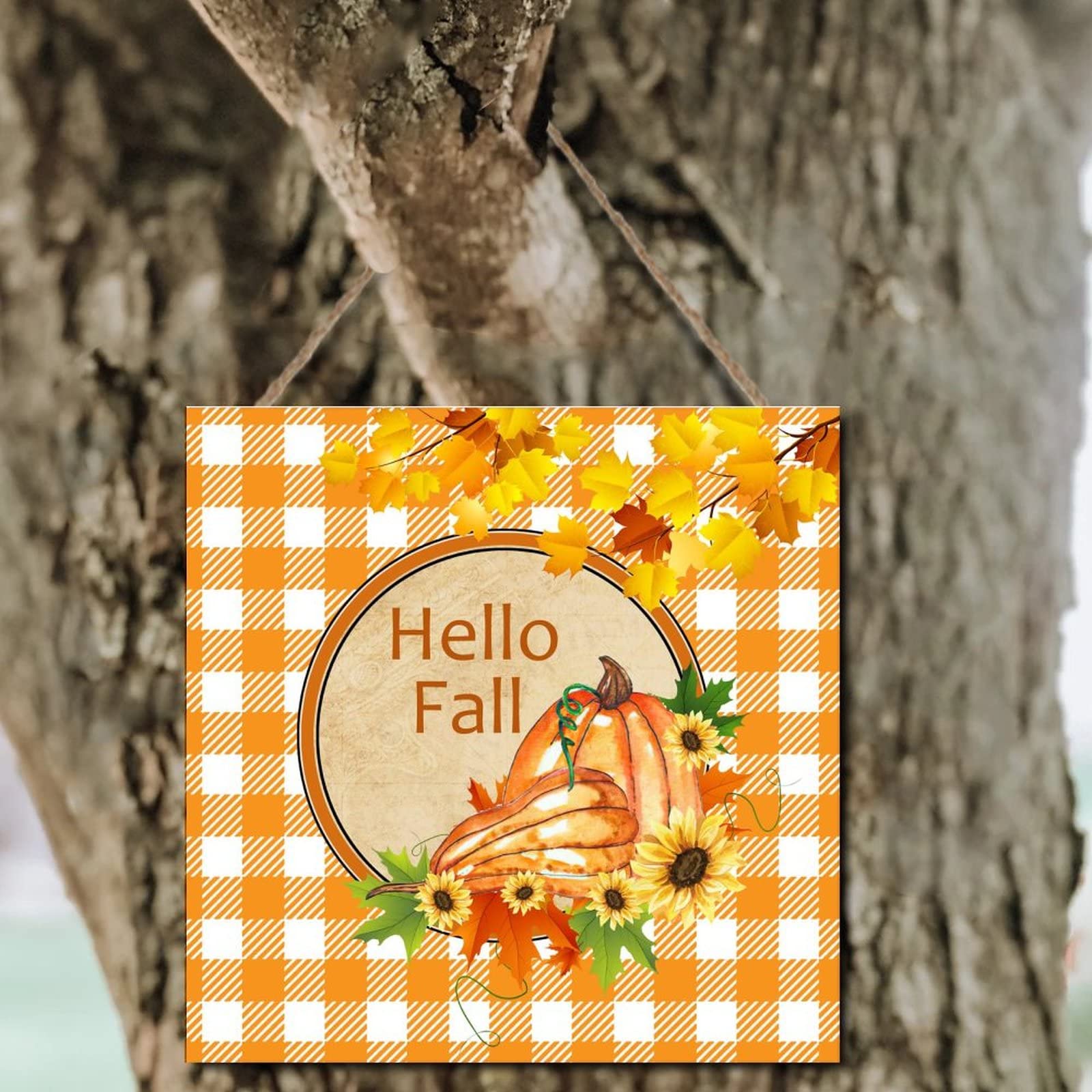 Farmhouse Wood Wall Sign - 12x12in Hello Fall Decor with Pumpkin & Sunflowers, Orange & White Buffalo Check Plaid - Thanksgiving, Autumn, Halloween Hanging Sign for Bedroom, Living Room, Porch, and Seasonal Home Decor