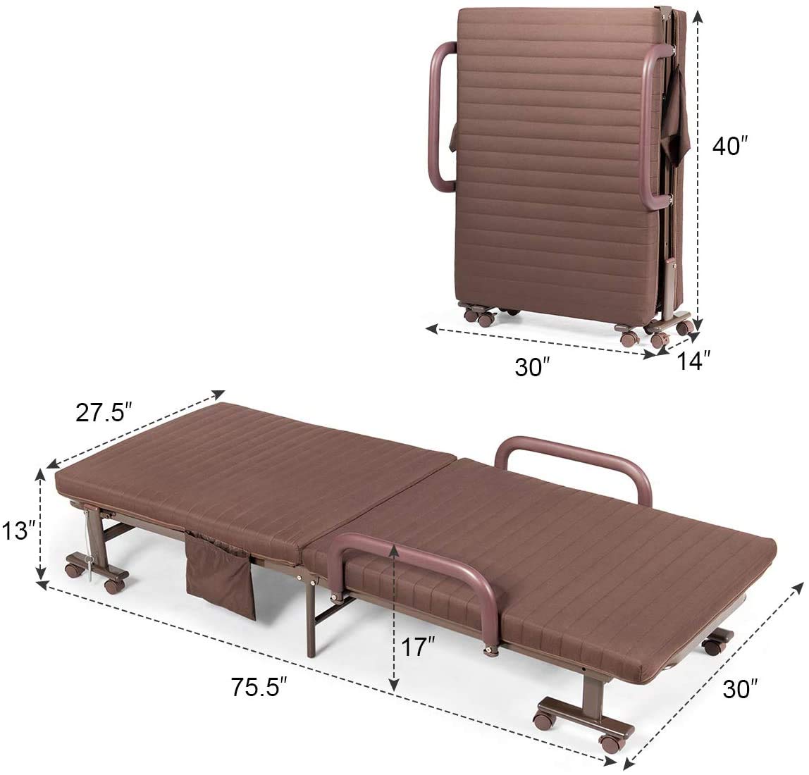 Foldable Guest Bed with Mattress - Heavy Duty Metal Frame, Adjustable Sleeper Sofa with Storage Bag & Wheels for Home, Office, Camping & Travel | Portable Single Bed in Brown