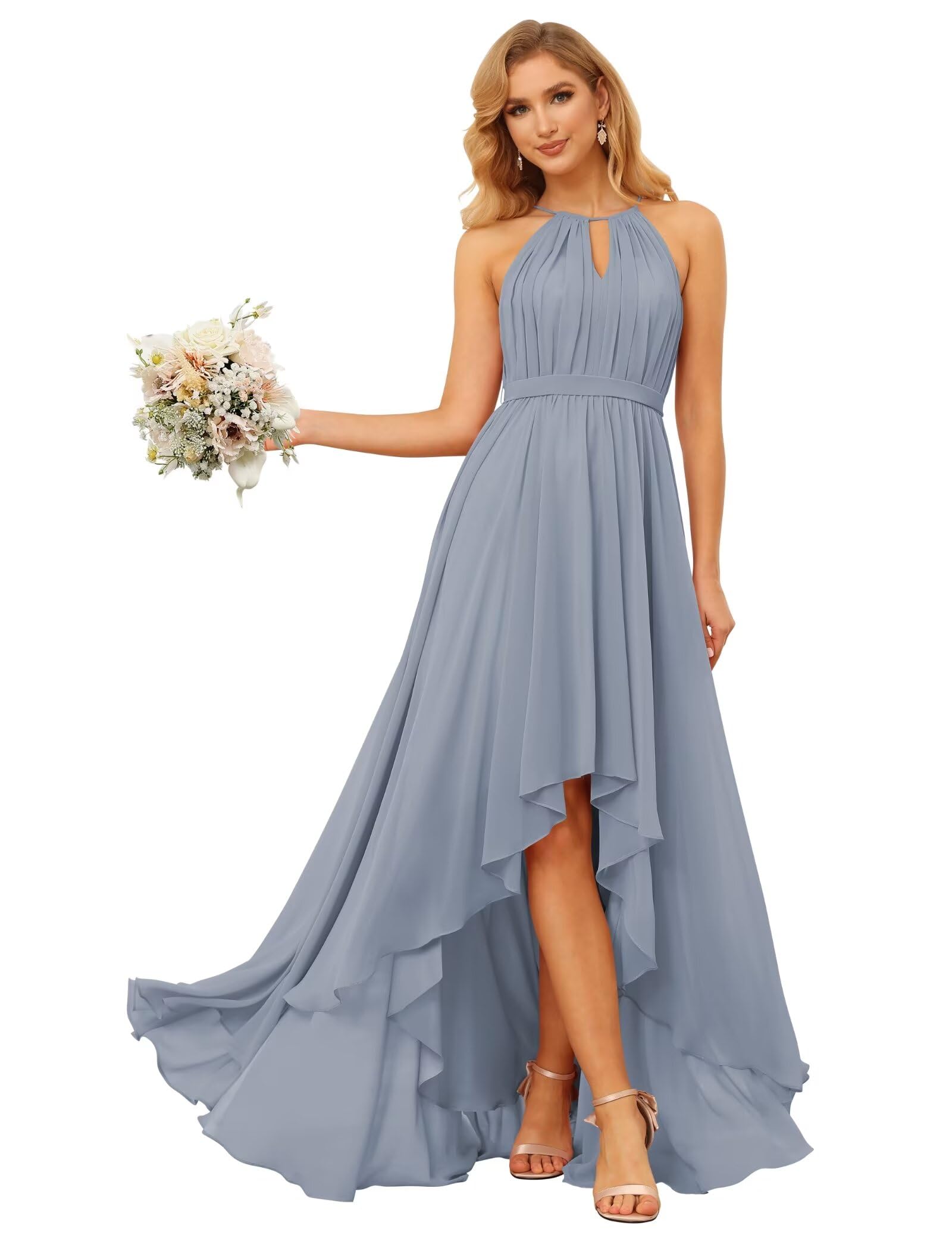 Elegant Chiffon Halter Bridesmaid Dresses for Women - Ruched Formal Evening Gown with Slit - Perfect for Weddings, Proms & Special Occasions