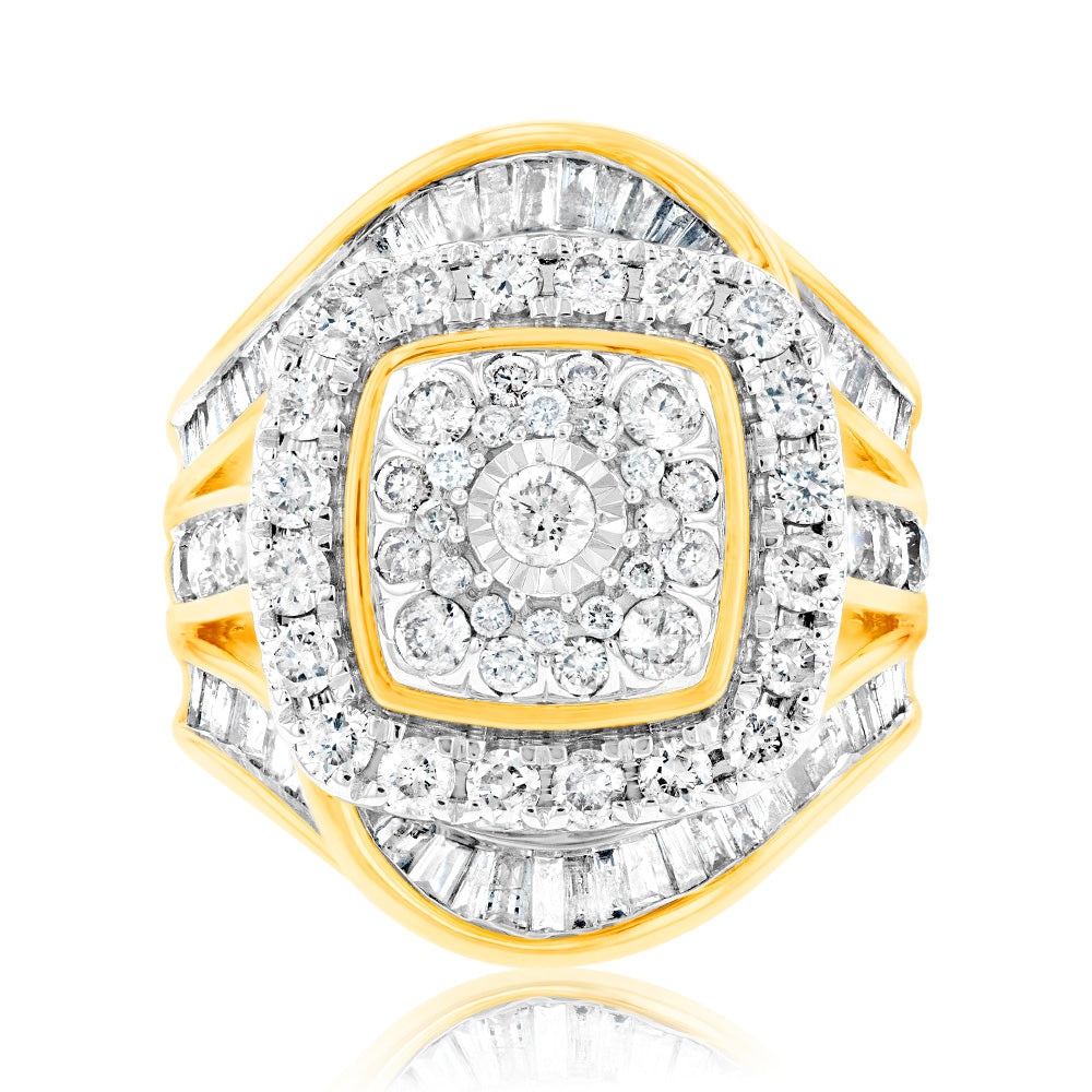 9ct Yellow Gold 3 Carat TW Diamond Ring with Brilliant & Tapered Baguette Stones - Elegant 2 Carat Look for Engagement, Wedding & Anniversary Gifts