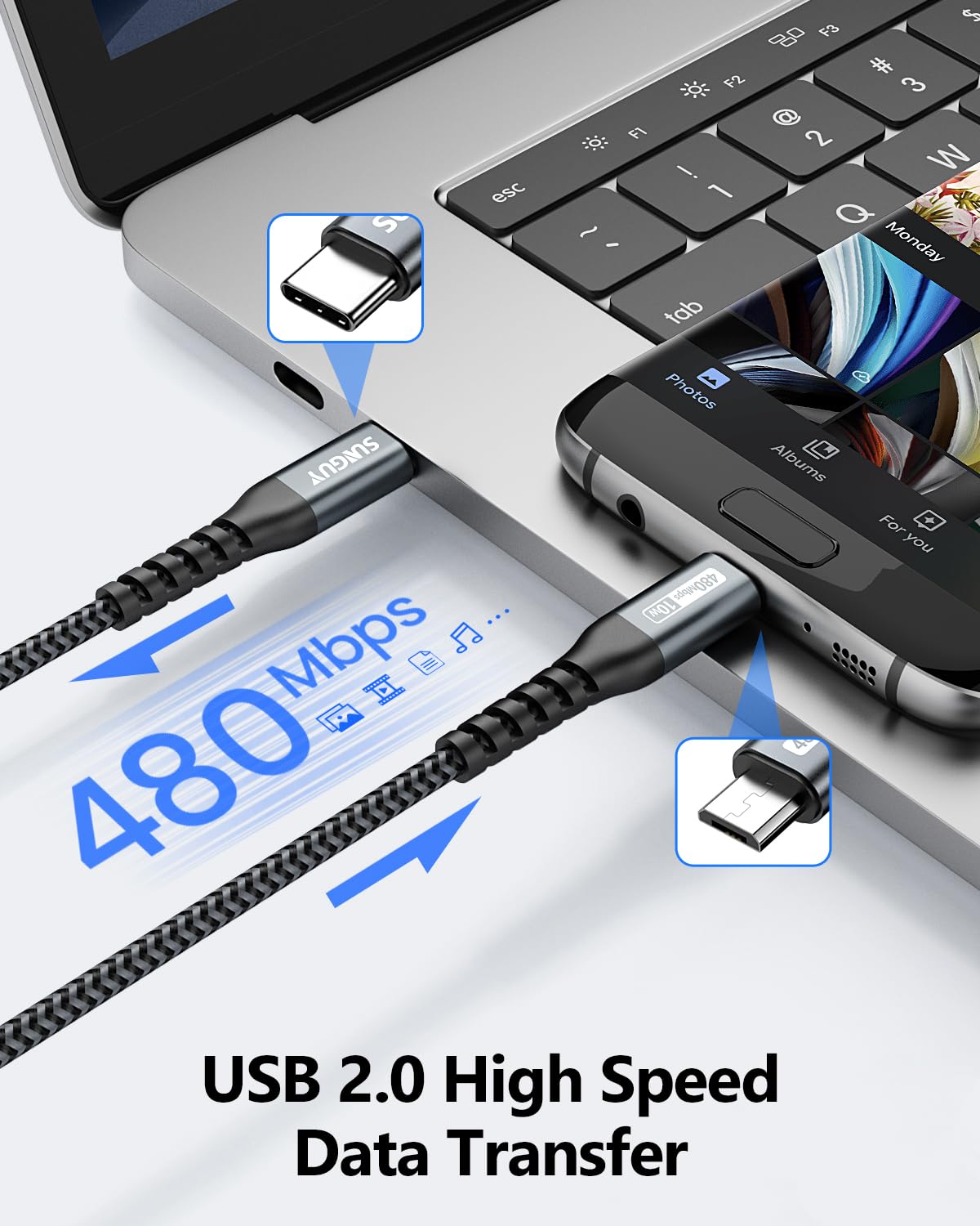 SUNGUY USB C to Micro USB Cable 0.5M - Fast Charging Cord for Micro USB Devices - Compatible with MacBook Pro, Samsung Galaxy S20/S10/S9/S9+, Moto Z/Z2 - Perfect for Home, Office & Travel Charging (Grey)