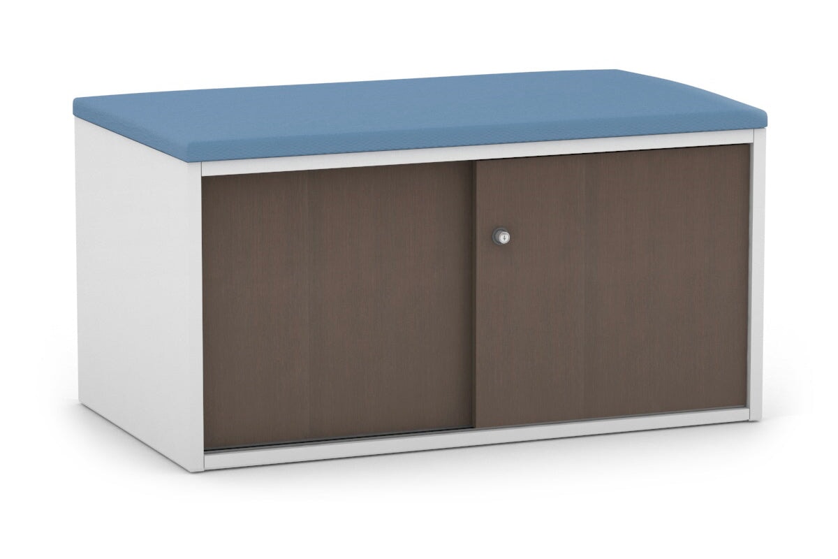 Low Profile 2-Door Sliding Credenza with Top Cushion - Modern TV Stand for Living Room, Bedroom Storage Cabinet with Smooth Gliding Doors