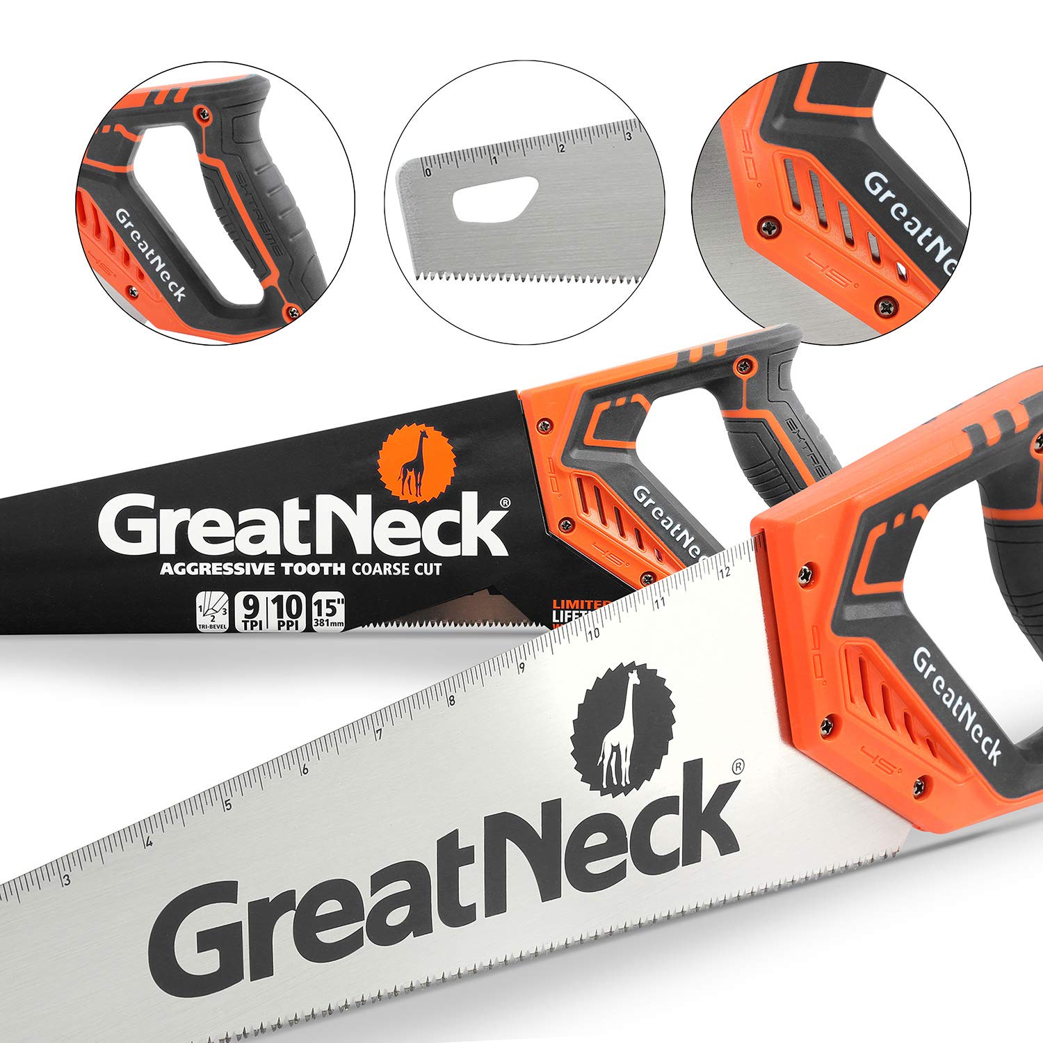 GreatNeck 74001 15 Inch Aggressive Tooth Handsaw - Heavy Duty Wood Saw, Branch Cutter & PVC Pipe Saw | Perfect for Tree Trimming, DIY Woodworking & Outdoor Gardening Projects