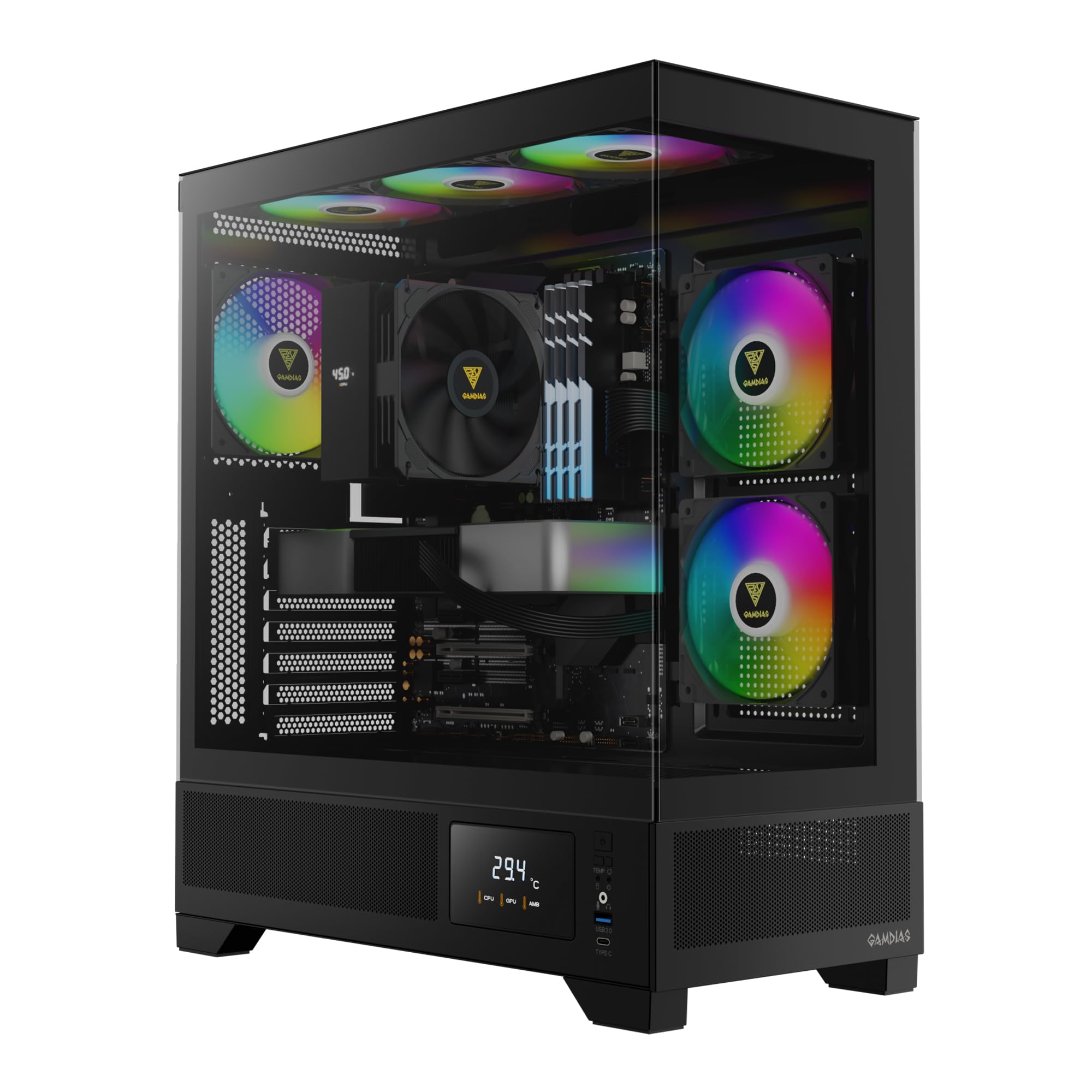 GAMDIAS Mid Tower ATX Gaming PC Case with Tempered Glass, Built-in 3x120mm ARGB PWM Fans, Supports RTX 4000 GPU & 360mm AIO - Perfect for High-Performance Gaming & Streaming Setups