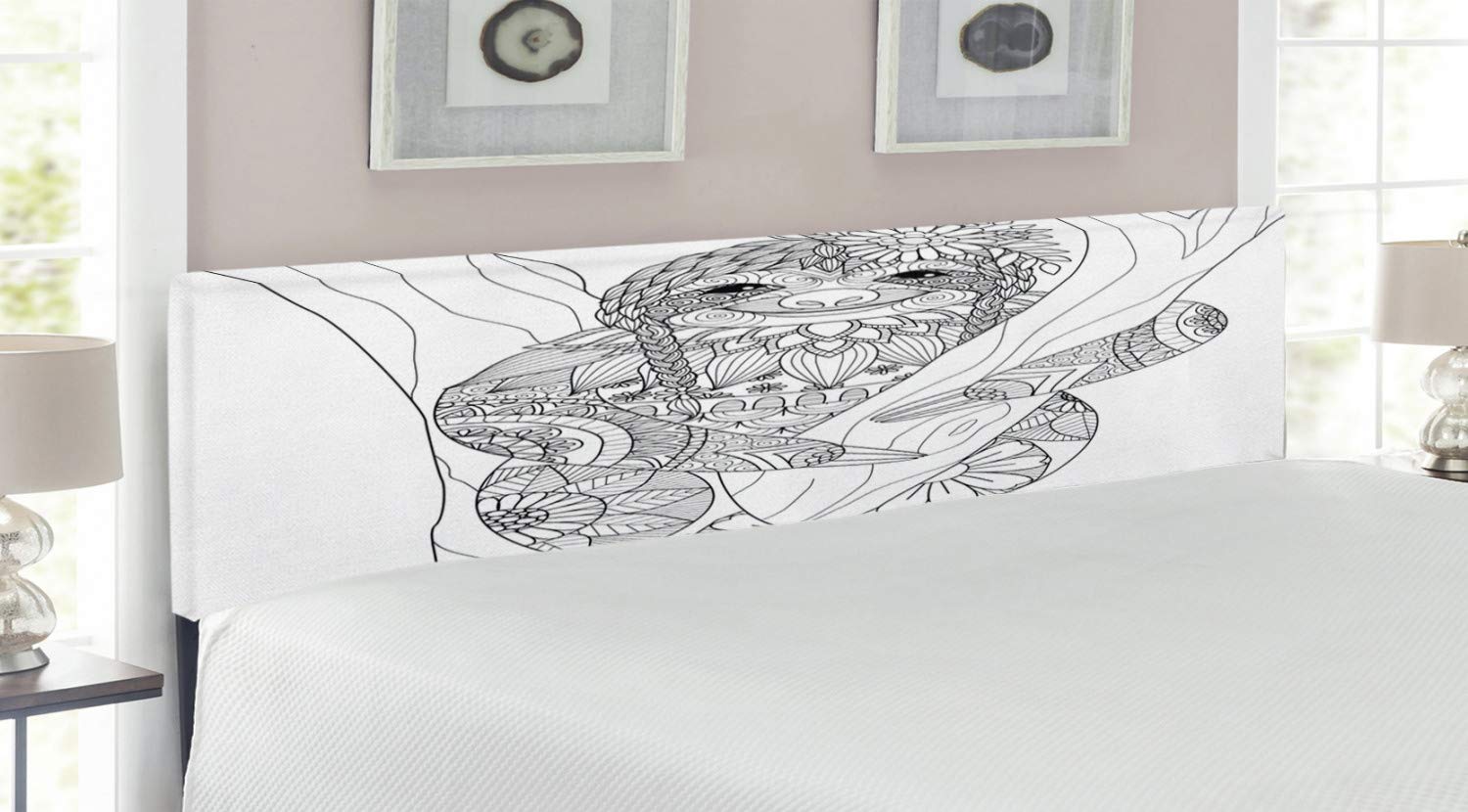 Ambesonne Sloth Headboard - King Size Upholstered Metal Bed Frame with Memory Foam, Black & White Monochrome Wildlife Design Featuring Smiling Animal on Tree & Floral Details | Perfect for Nursery, Kids Room or Jungle-Themed Bedroom Decor