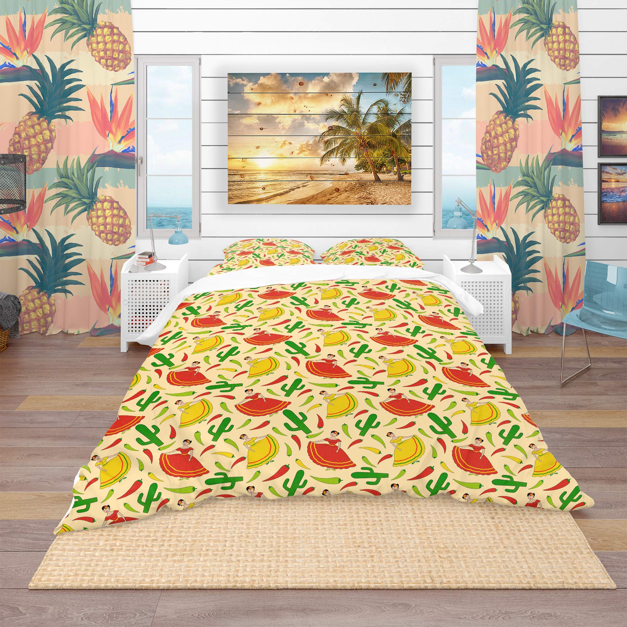 Vibrant Mexican Woman Pattern Tropical Duvet Cover Set - Queen Size Bedding with Pillow Shams - Perfect for Boho Chic Bedroom Decor & Summer Home Styling