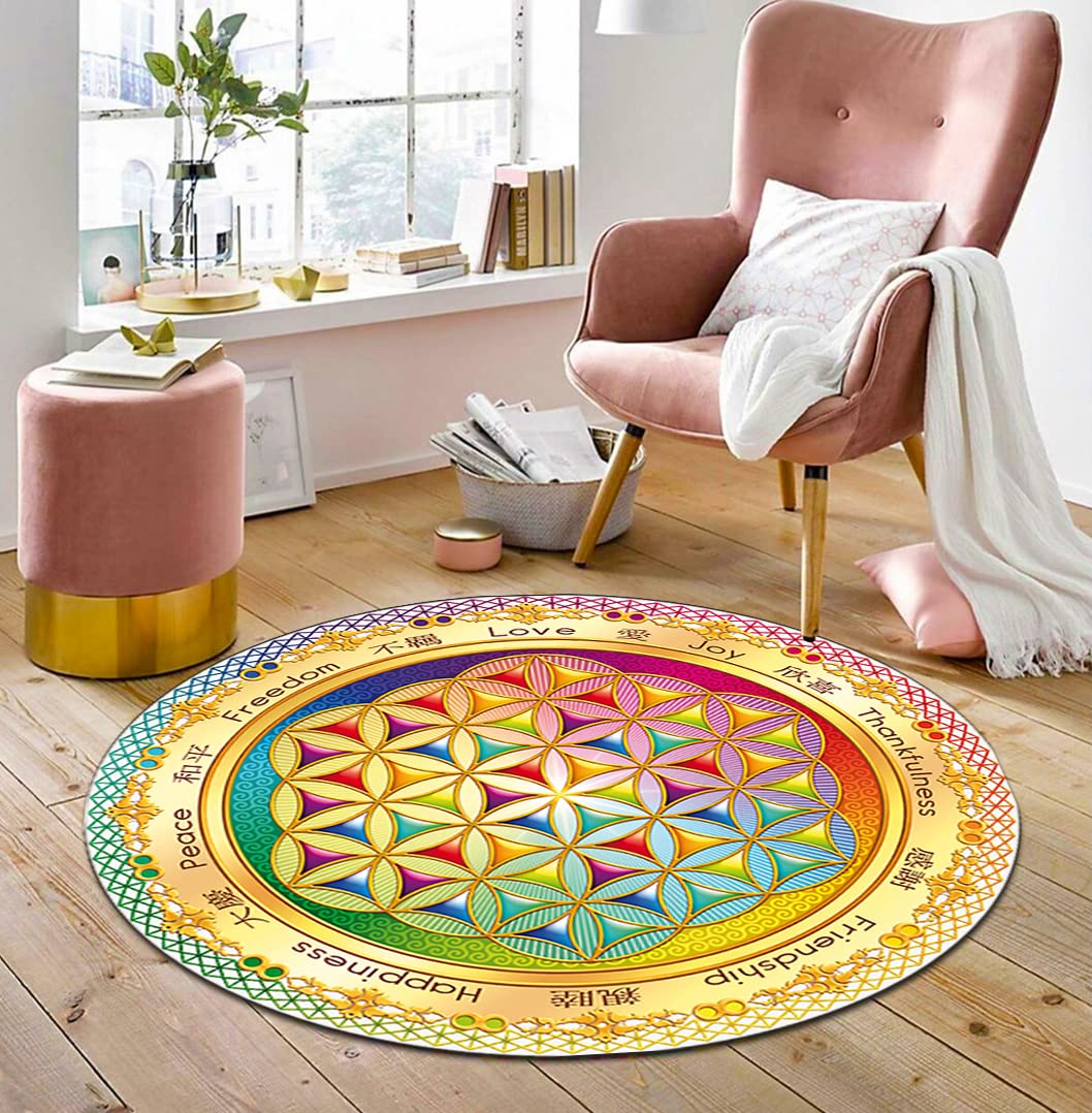 Mandala Round Chenille Rug for Living Room - 2.4 ft (29 inch / 75 cm) Modern Boho Circle Rug with Mandala Design - Perfect for Yoga Meditation Space, Bedroom Decor or Bohemian Home Accent