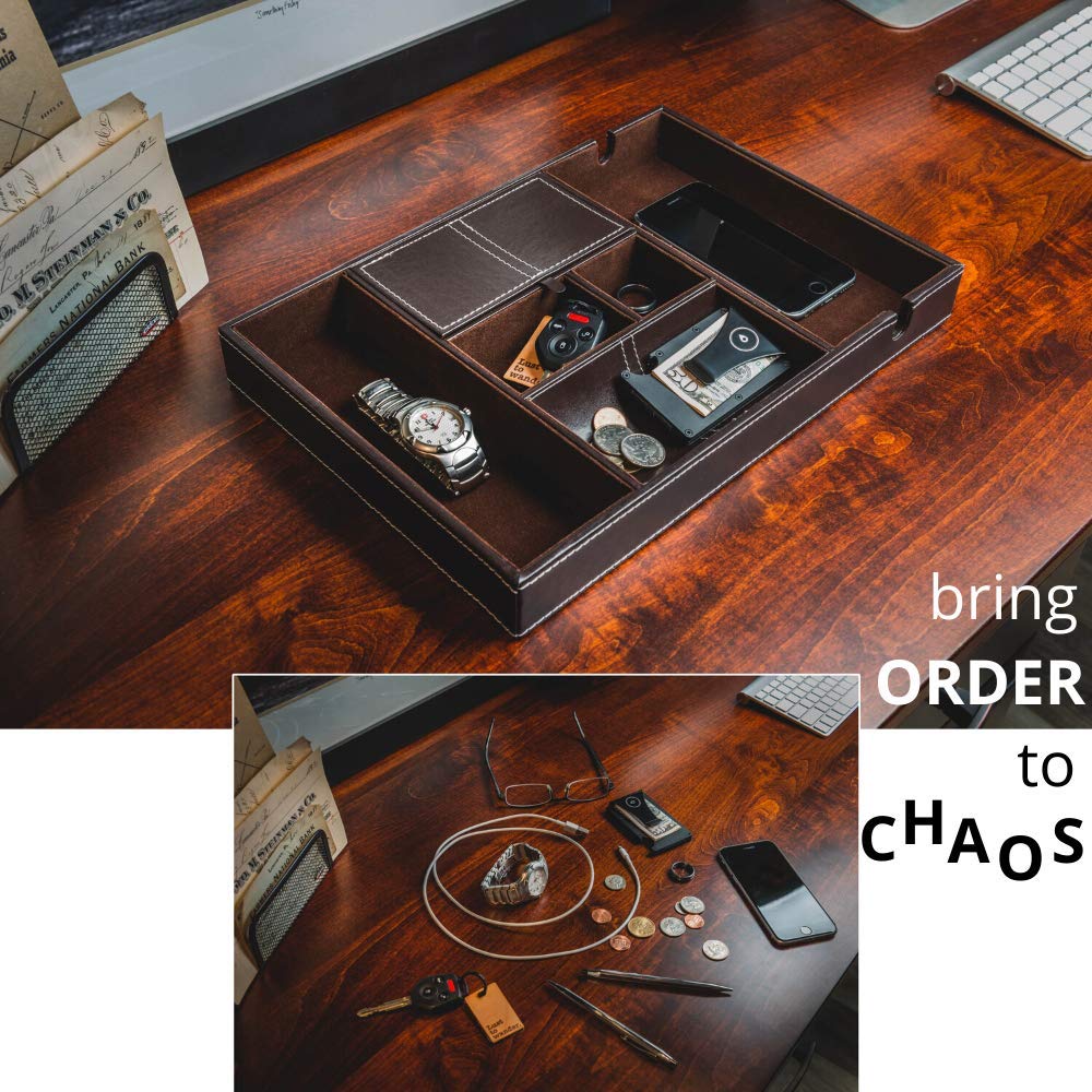 ULTRAY Nightstand Organizer - Premium Faux Leather Valet Tray for Men & Women with 6 Compartments | EDC Tray Organizer, Dresser Top Catchall Tray in Dark Brown | Perfect for Jewelry, Watches, Keys & Everyday Essentials