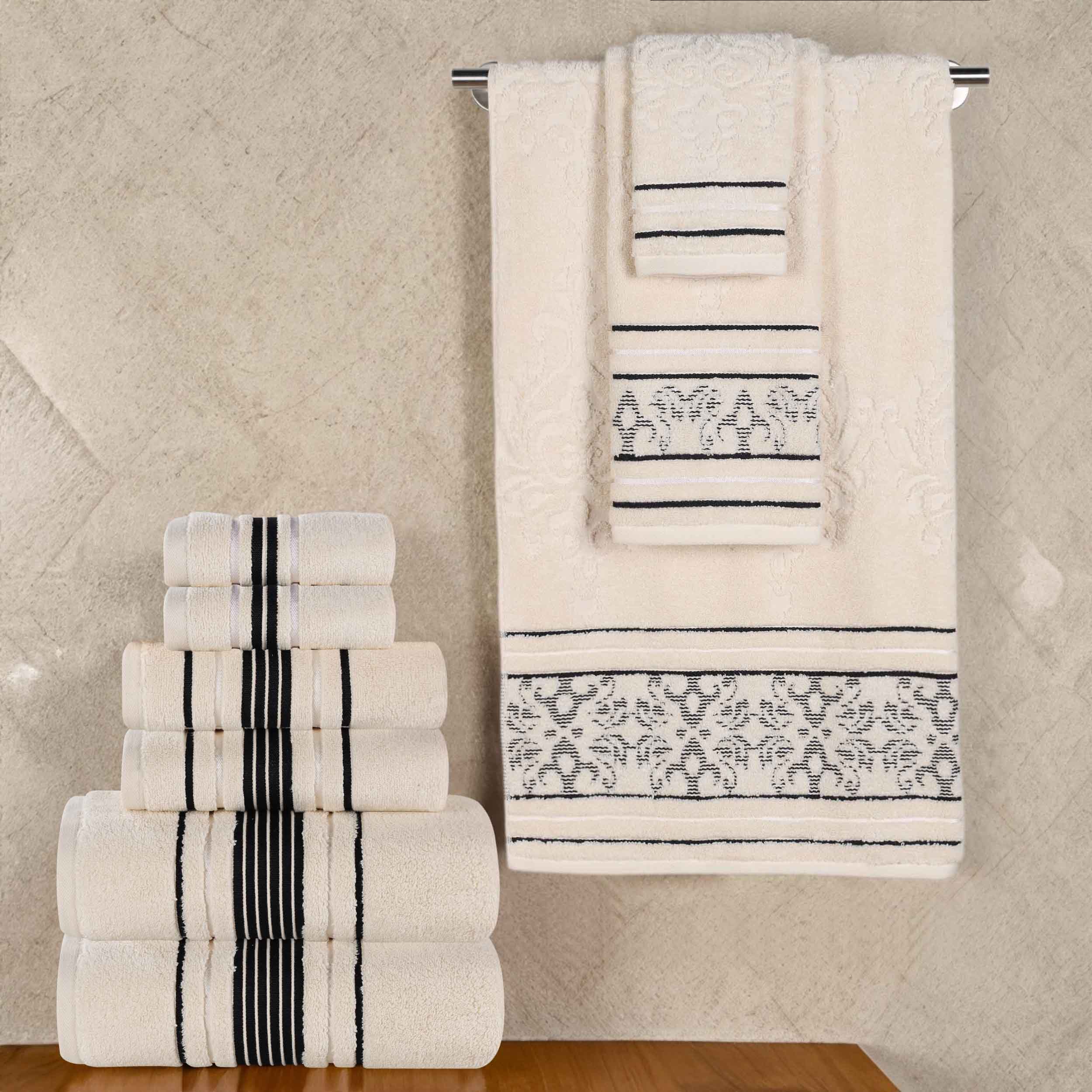 Sadie 9-Piece Zero Twist Cotton Towel Set - Solid & Jacquard Floral Bath Towels, Hand Towels & Washcloths - Soft & Absorbent for Bathroom, Spa & Guest Room