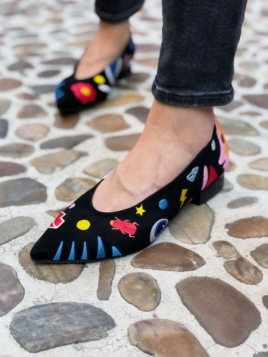 Vegan Embroidered Eco Suede Ballet Flats for Women | Black | Comfortable & Sustainable Shoes for Casual Wear, Office & Daily Use