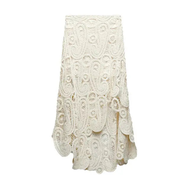 Elegant Crochet O-Neck Hollow Out Skirt Set for Women - Chic Floral Sleeveless Top with Asymmetrical Skirt | Perfect for Spring Outfits, Garden Parties & Romantic Dates