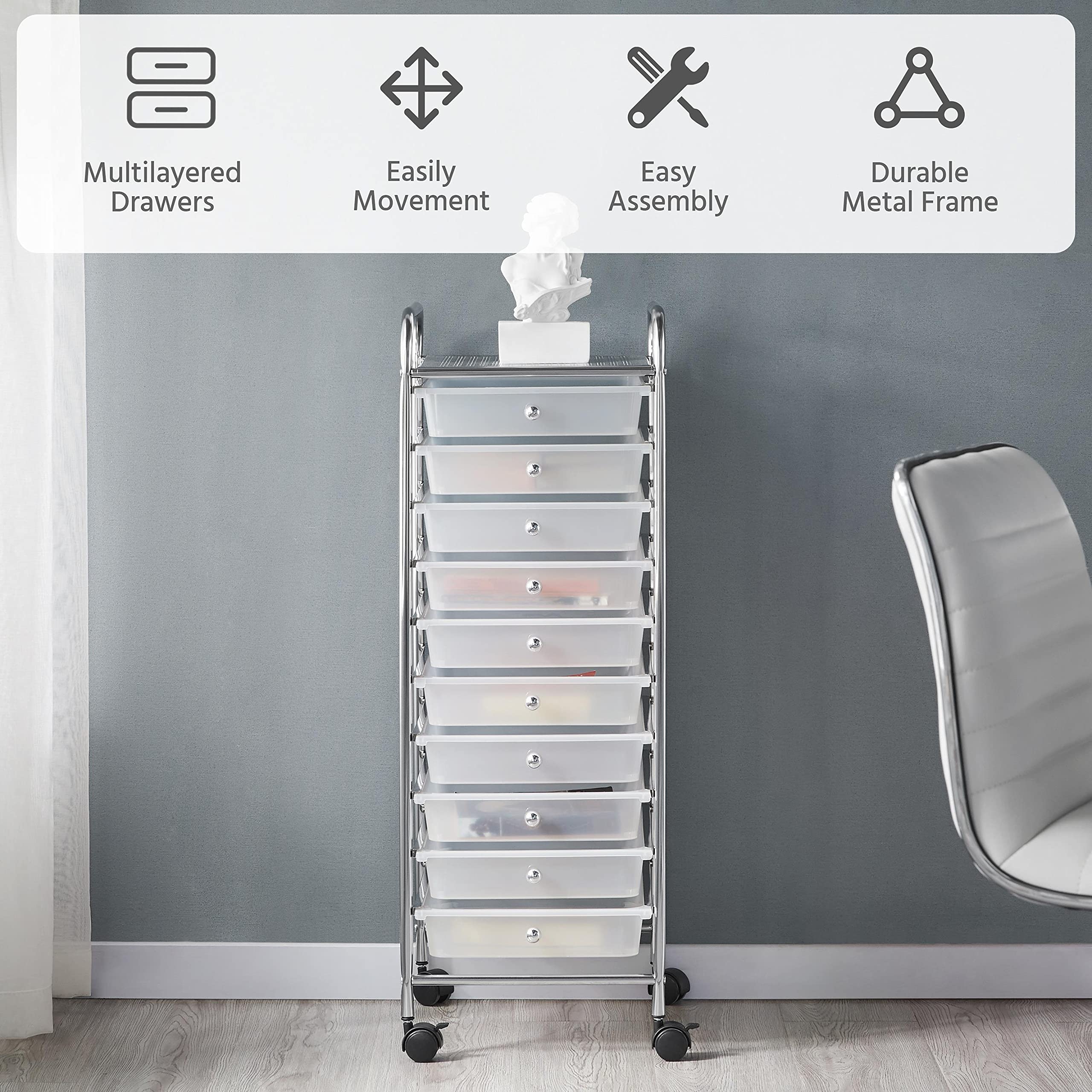 Yaheetech 10-Drawer Rolling Storage Cart - White Plastic Mobile Organizer with Wheels for Home, Office, School & Workshop | Perfect for Craft Supplies, Office Documents, Classroom Materials & Tool Storage