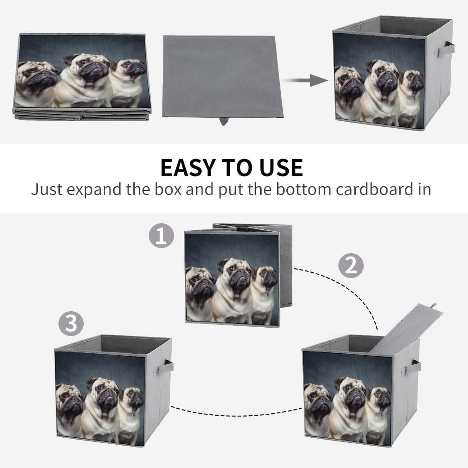 6-Pack Funny Pug Dog Collapsible Storage Bins with Handles - Large Closet Organizer Baskets for Clothing, Toys & Home Organization | Perfect for Bedroom, Nursery & Dorm Storage Solutions