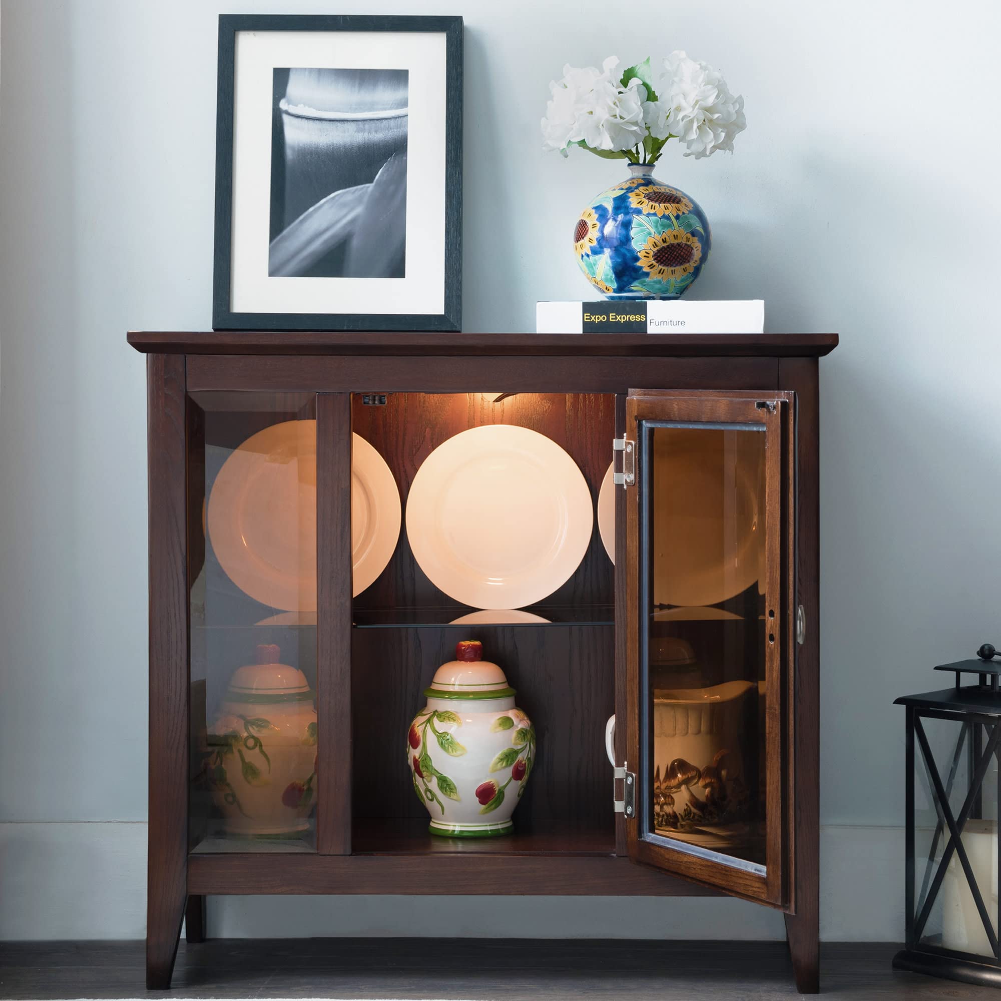 Ryan One Door Entryway Curio Cabinet - Lighted Display with Adjustable Glass Shelves, Solid Hardwood Chocolate Oak Brown Finish - Space-Saving Storage for Living Rooms, Hallways & Entryways - Perfect for Showcasing Collectibles, China, or Home Decor - Leick Home 10000-CH